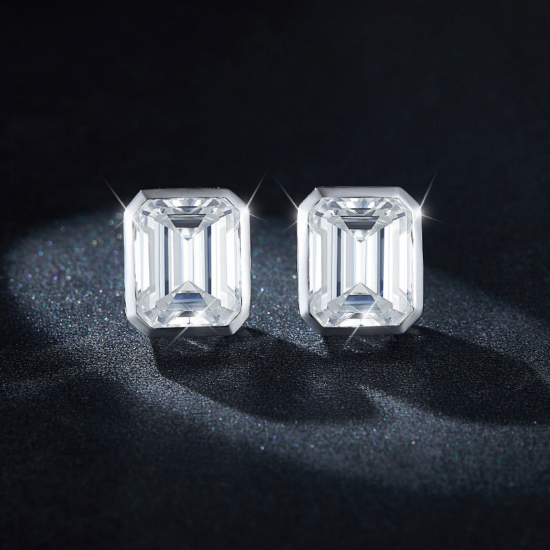 S925 Sterling Silver 8x10mm Emerald Cut Moissanite Stud Earrings  Platinum Plated Geometric Bezel With GRA Certificate Jewelry Gift Box Set