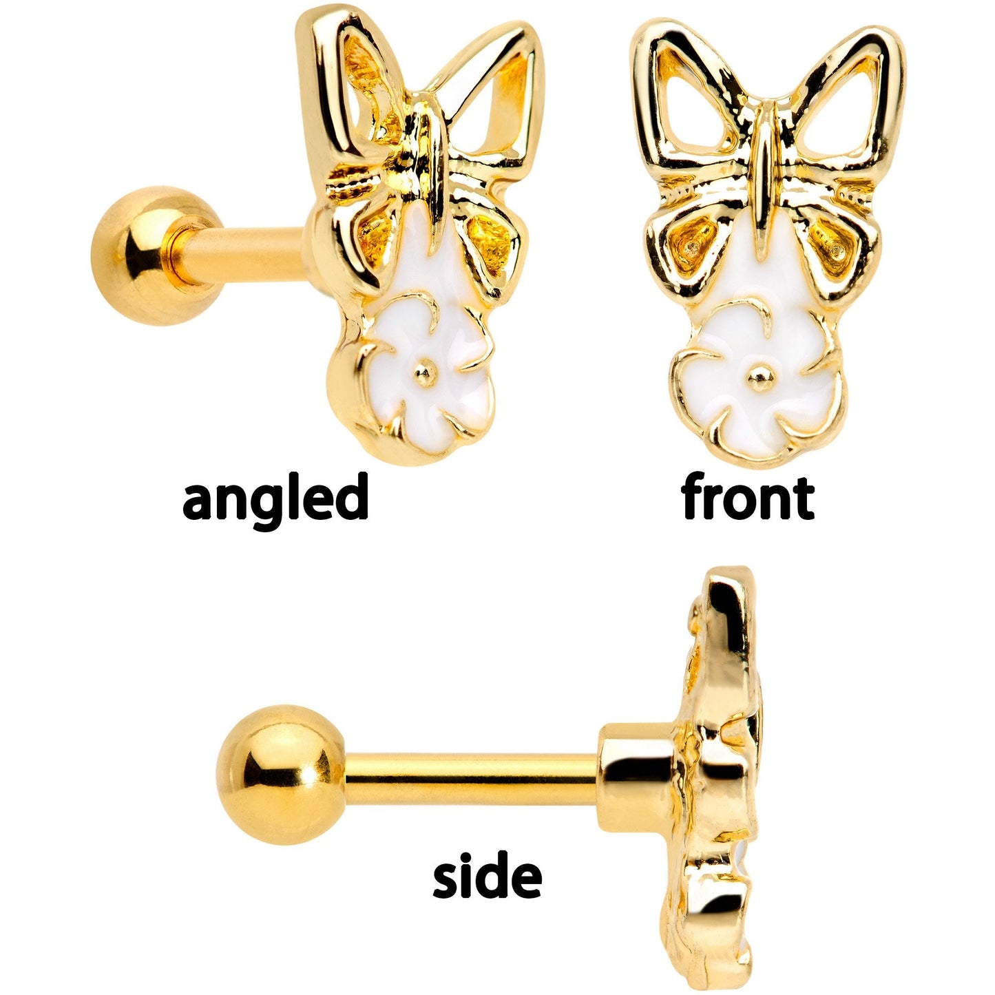 16G 1/4 Clear Gem Gold Tone Butterfly Cartilage Tragus Set of 3