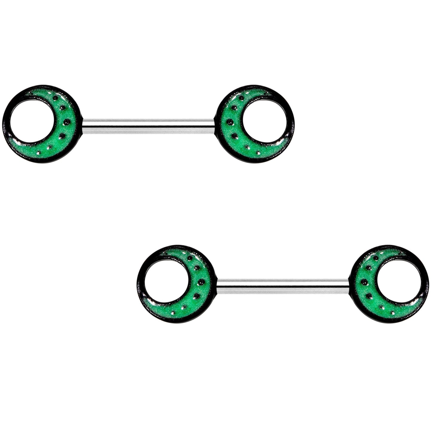 14G 9/16 Glow in the Dark Green Moon Barbell Nipple Ring Set
