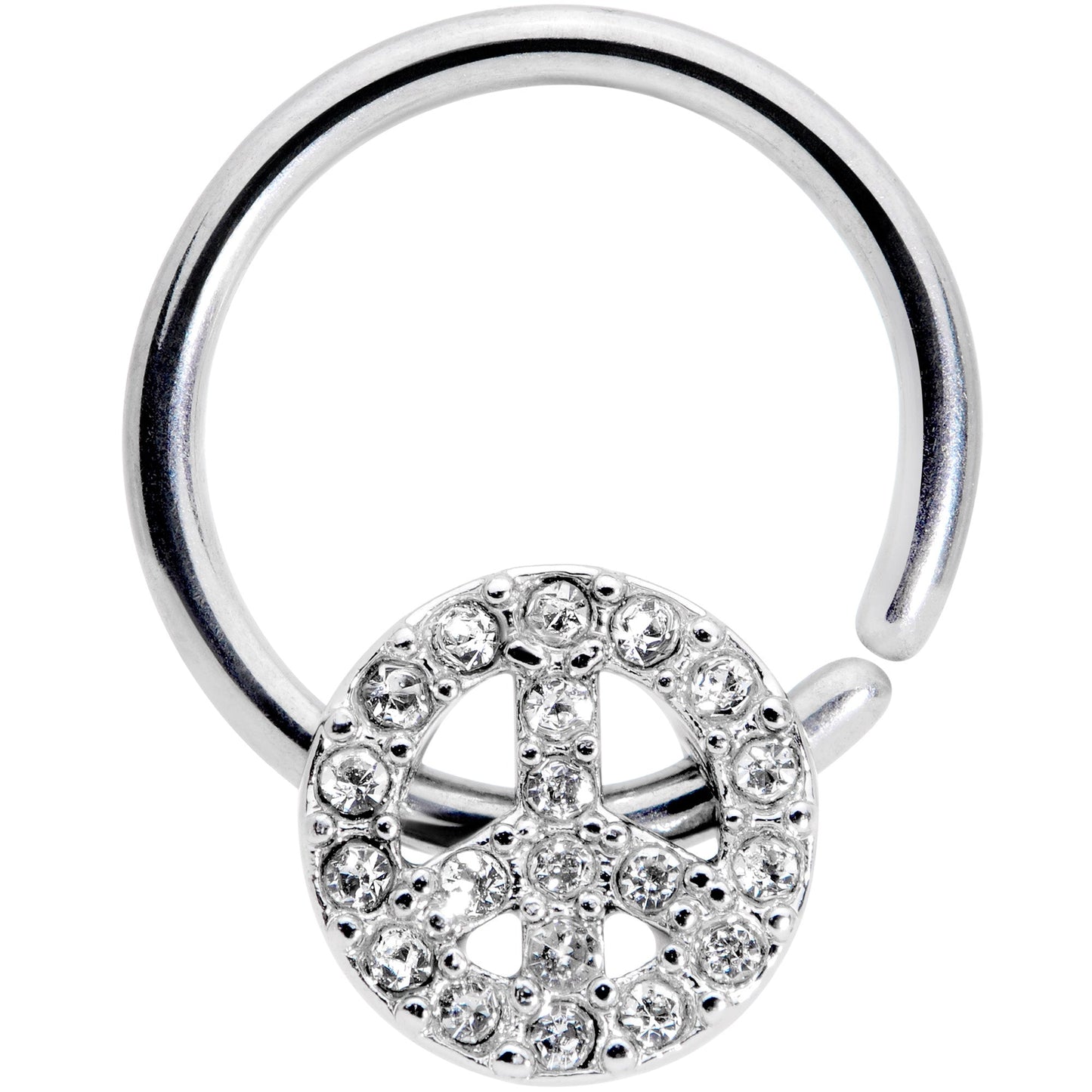 16G 3/8 Clear Gem Retro Peace Sign Closure Ring
