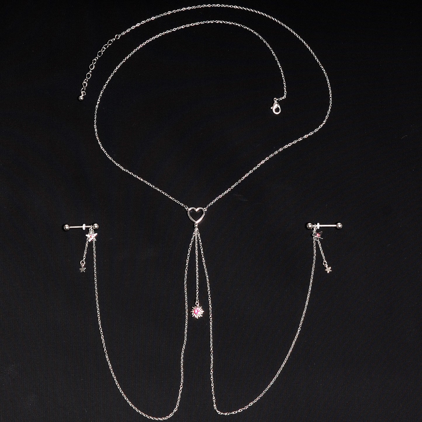 14G 5/8 Pink Gem Sun Heart Star Nipple Chain Necklace