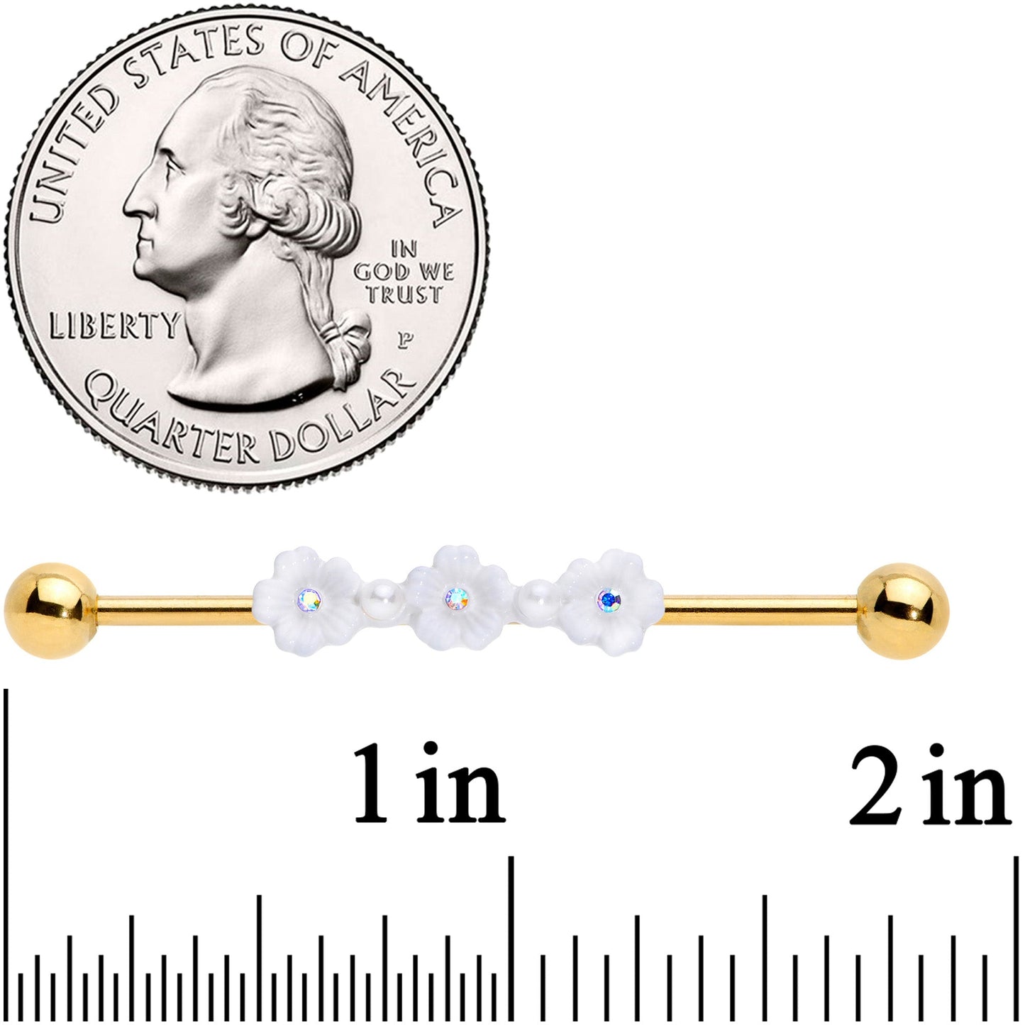 14G Aurora Gem Gold Tone Flower Industrial Barbell 38mm