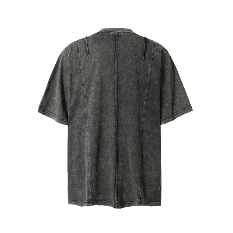 High Street Retro Workwear Zipper Pocket Decoration Washed Distressed Short Sleeve
