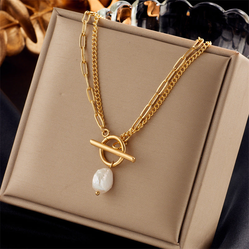 European And American Retro Butterfly Pearl Double-Layered Necklace For Women, Cross-Border Light Luxury Niche Stainless Steel Gold-Plated Jewelry Necklace
