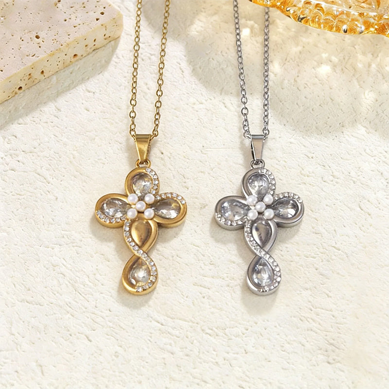 Stainless Steel Inlaid Rhinestone Cross Pendant Necklace