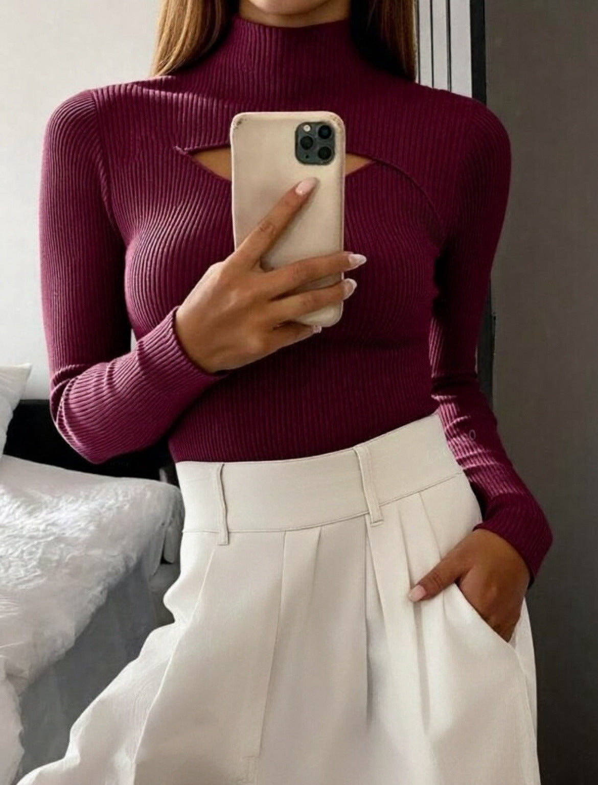 Women's Hollow-out Knit Sweater Mock Neck Sweater