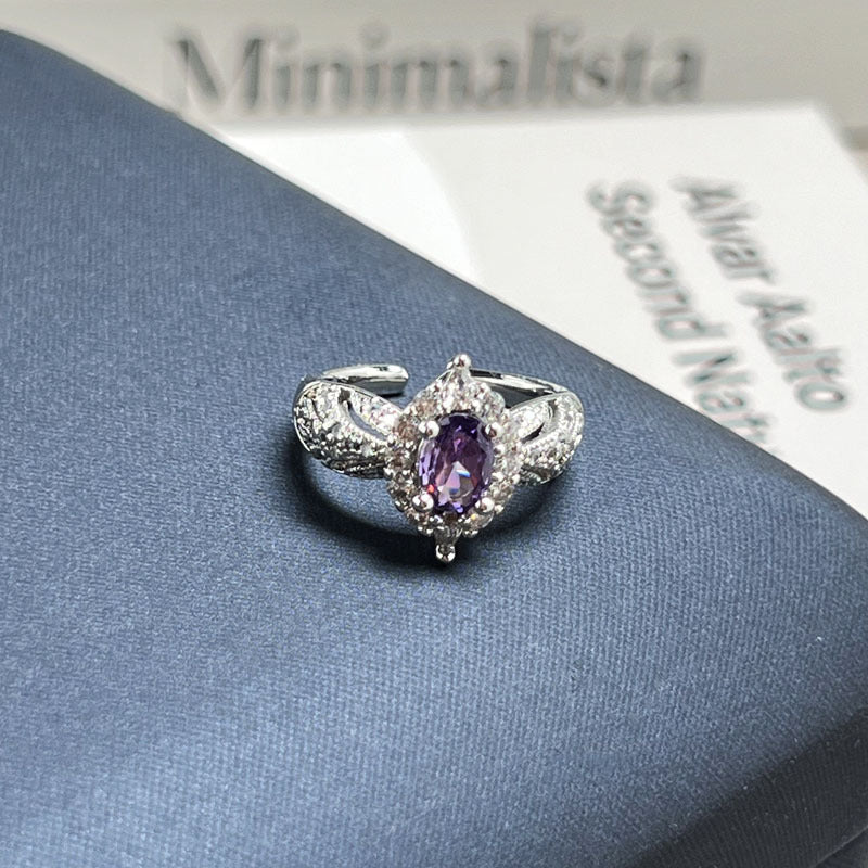 Nine Purple Fire Series Inlaid Purple Rhinestone Open Ring, Sweet Cool Light Luxury High Sense Niche Designer Band, Trendy Adjustable Finger Jewelry For Women Daily Outfit Matching