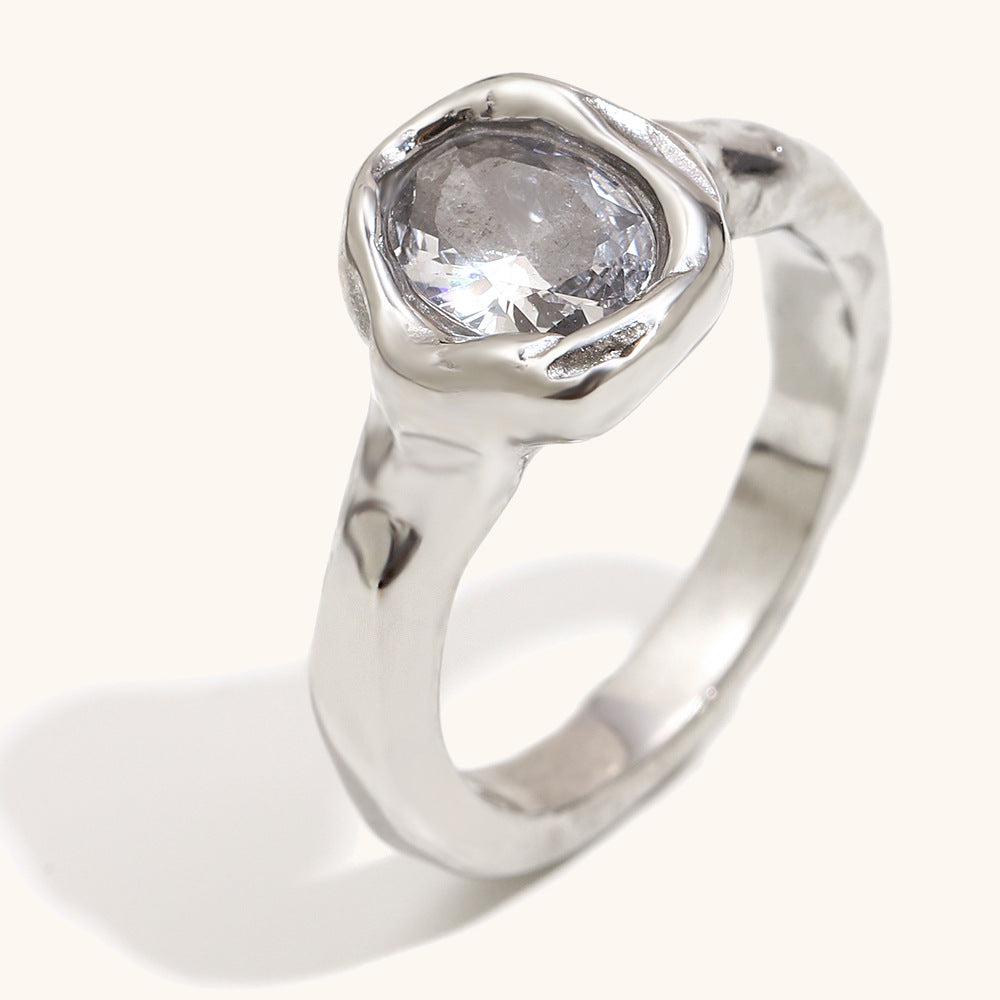 Stainless Steel 18K Gold-Plated Holed Dove-Egg Zircon Ring For Women  Lite Luxury