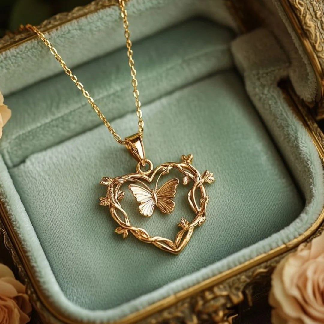 Forest Style Heart Shaped Butterfly Vine Necklace