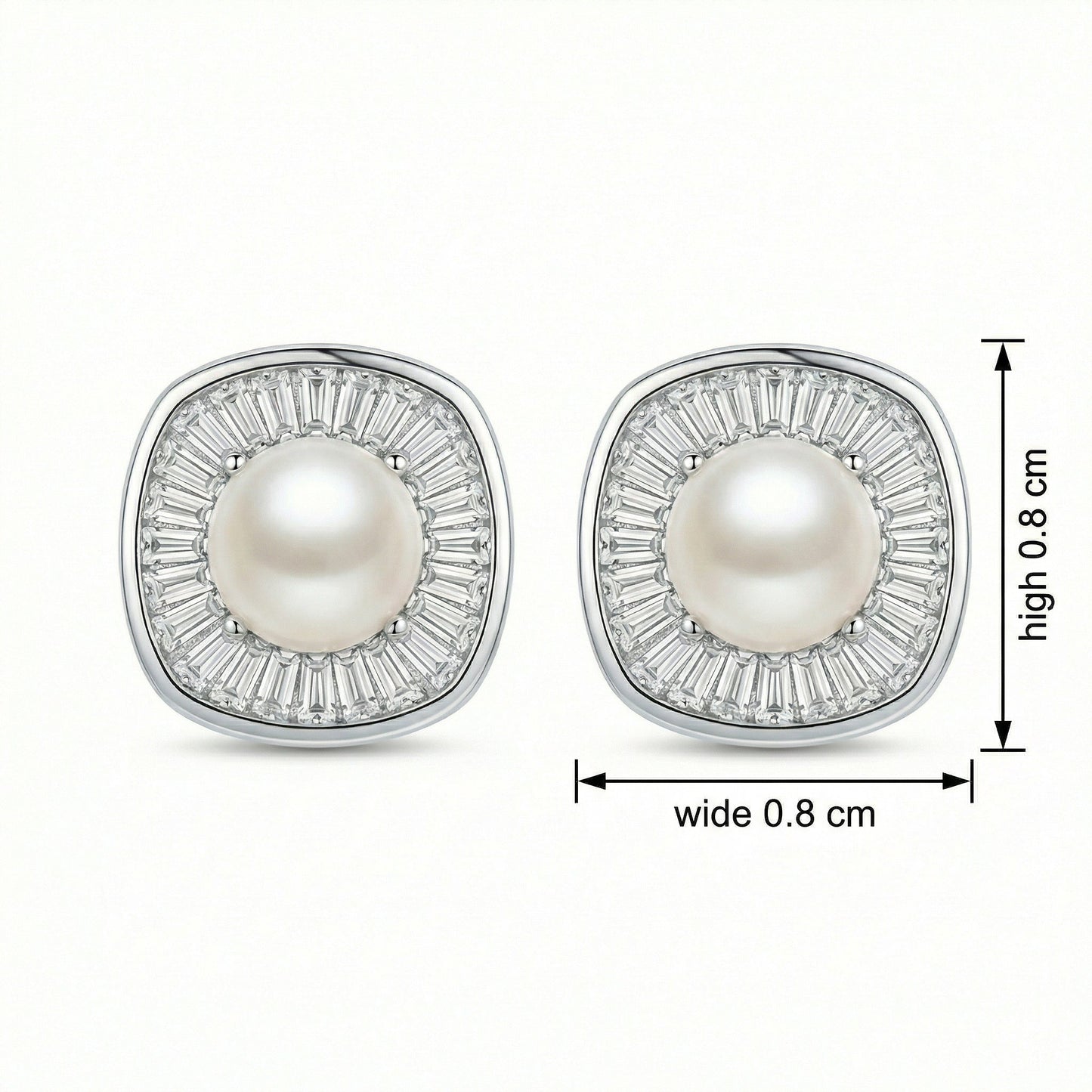 925 Sterling Silver Radiant Pearl and Tapered Baguette CZ Cushion Halo Stud Earrings