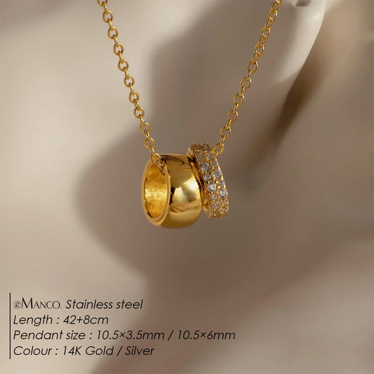 14k Wide-Frame Round Hoop Dual-Pendant Versatile Necklace