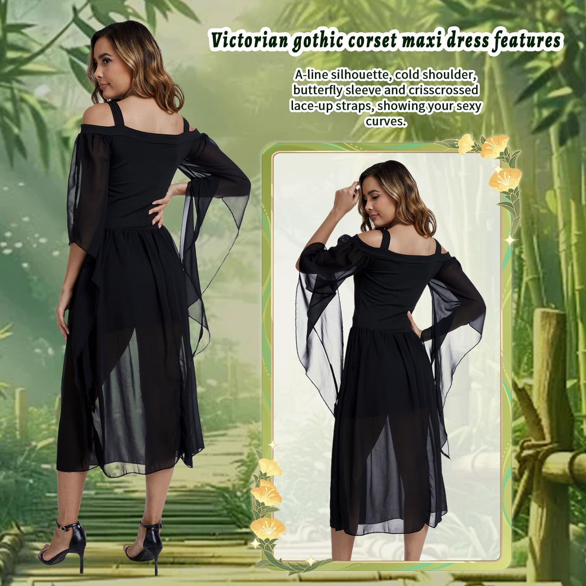 Medieval Costume Dress for Women - Renaissance Gothic Gown with Trumpet Sleeves