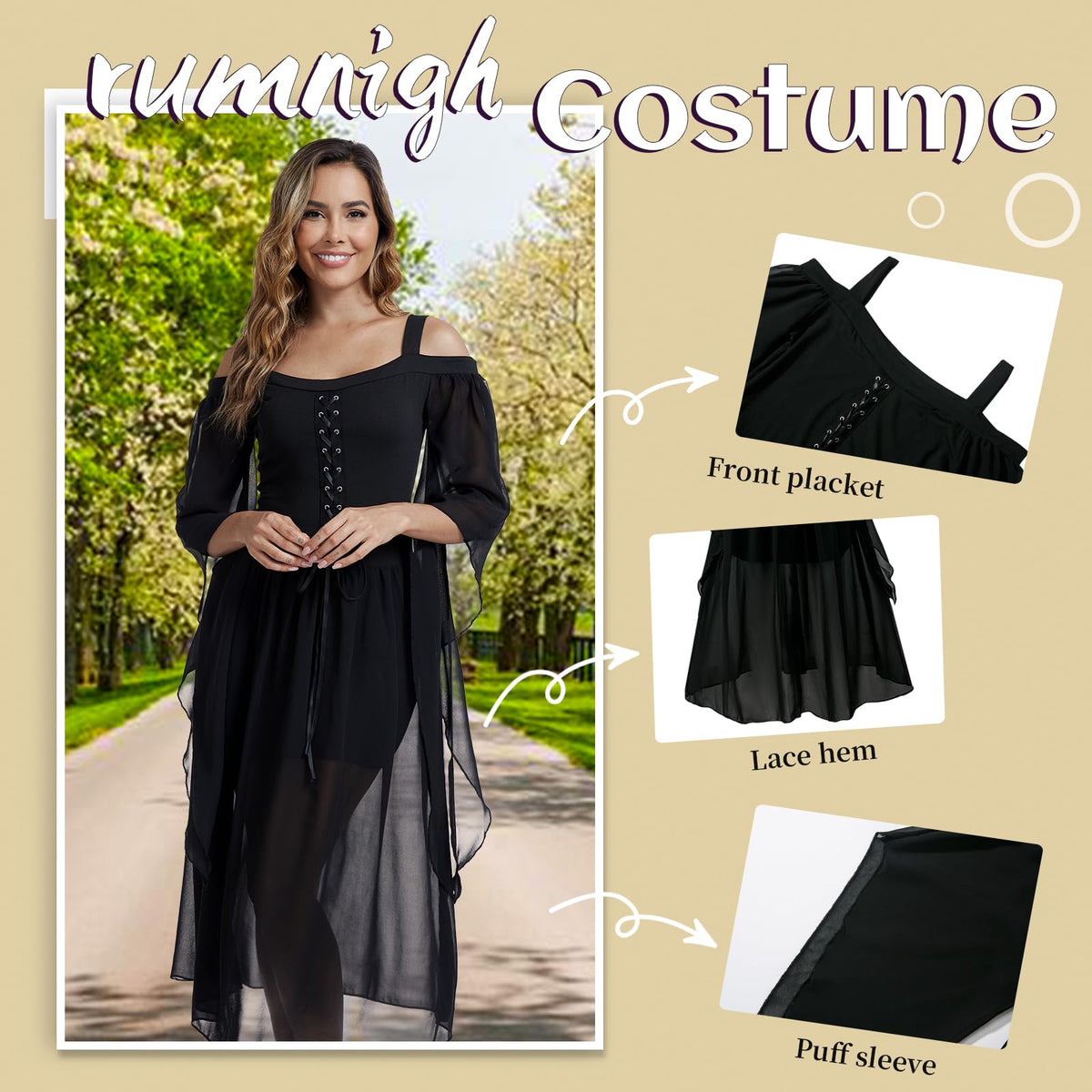 Medieval Costume Dress for Women - Renaissance Gothic Gown with Trumpet Sleeves