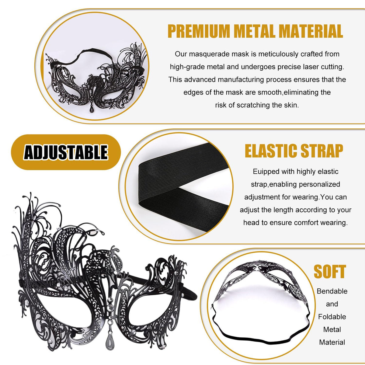 Rhinestone Metal Masquerade Mask for Women - Venetian Party Mask - Elegant Prom Ball Costume Accessory