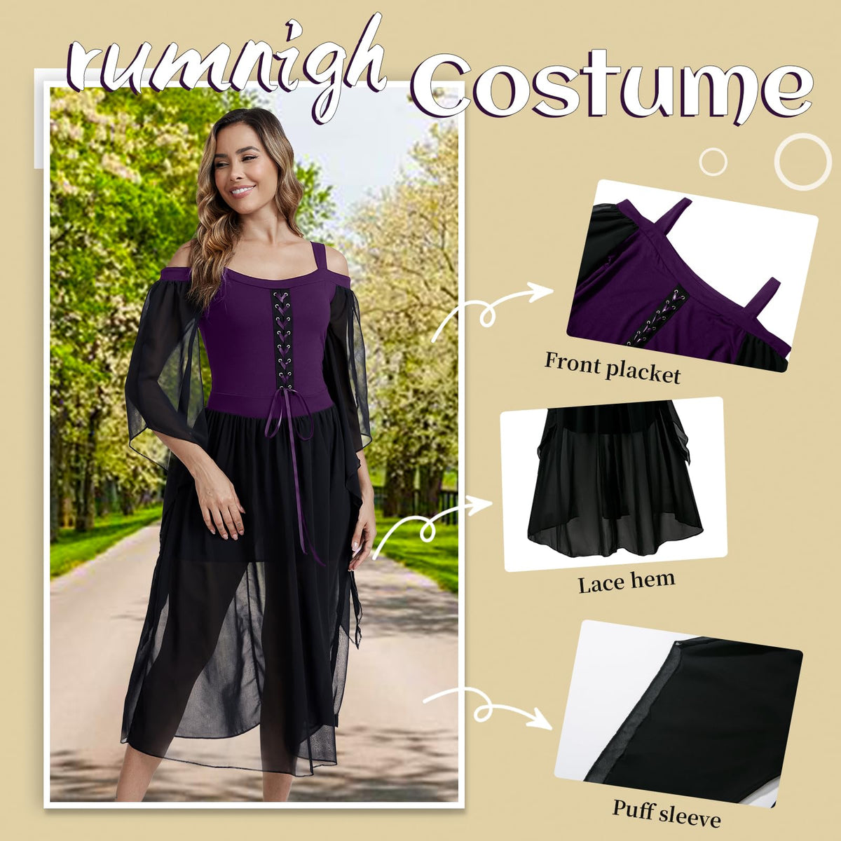 Medieval Costume Dress for Women - Renaissance Gothic Gown with Trumpet Sleeves