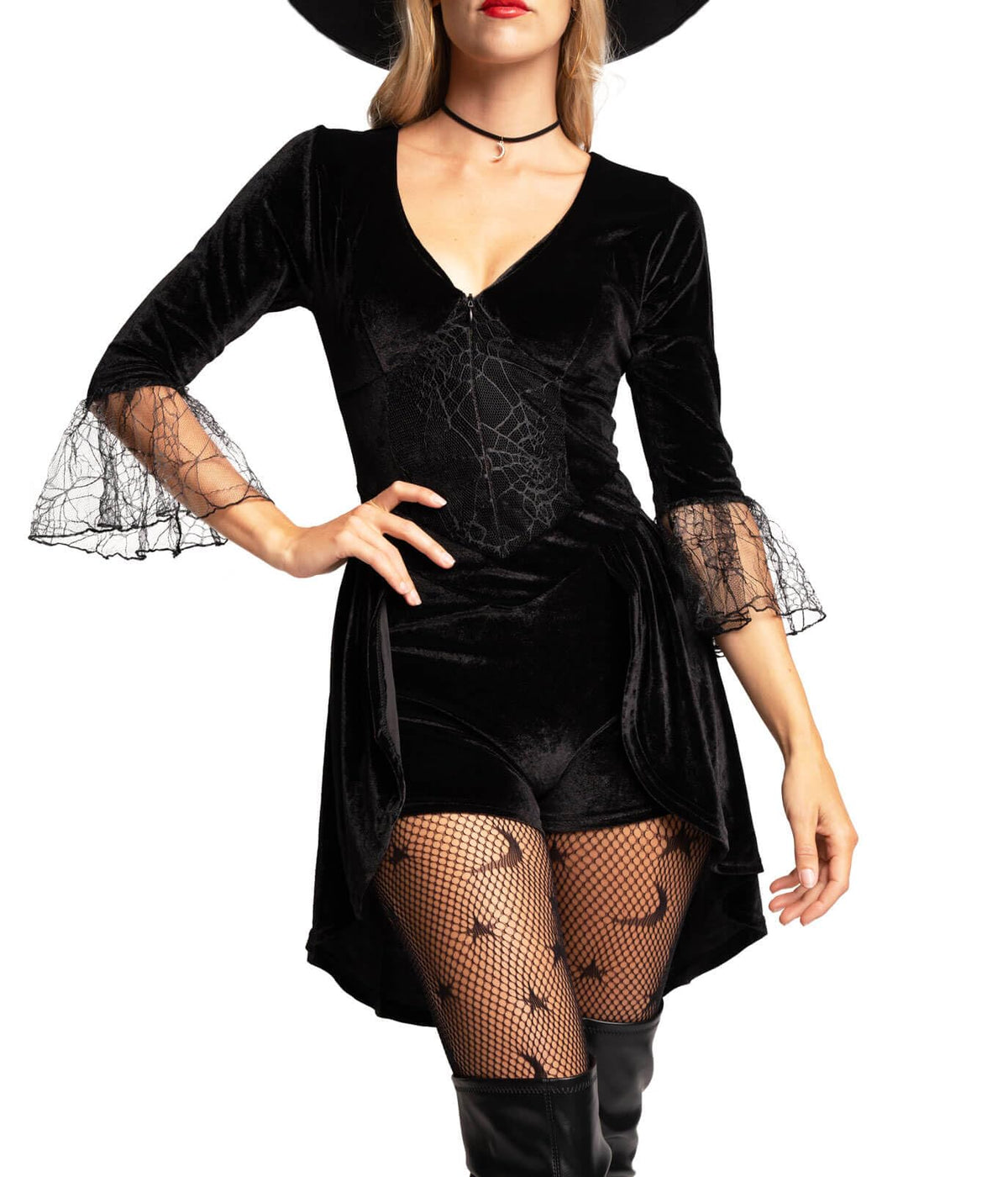 Women's Classic Witch Costume - Black Velour Bodysuit with Hat and Lace Sleeves