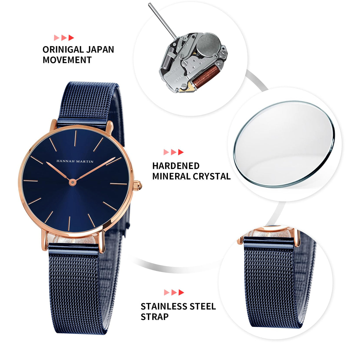 HANNAH MARTIN Watches for Women Analog Women's Watch with Stainless Steel Expansion Band Minimalist Slim Dial 30M Waterproof Ladies Dress Wristwatch for Casual Daily Business
