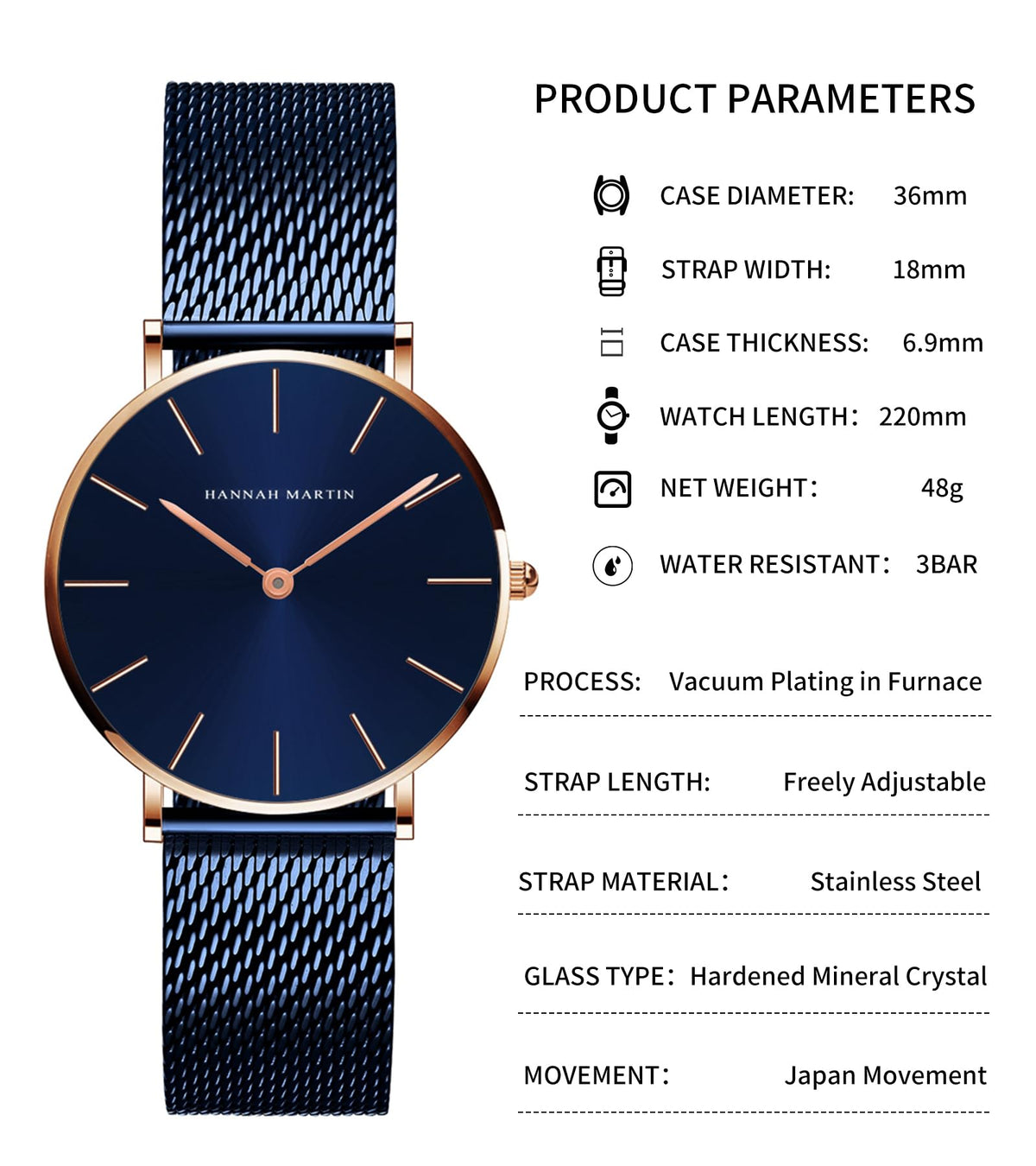HANNAH MARTIN Watches for Women Analog Women's Watch with Stainless Steel Expansion Band Minimalist Slim Dial 30M Waterproof Ladies Dress Wristwatch for Casual Daily Business