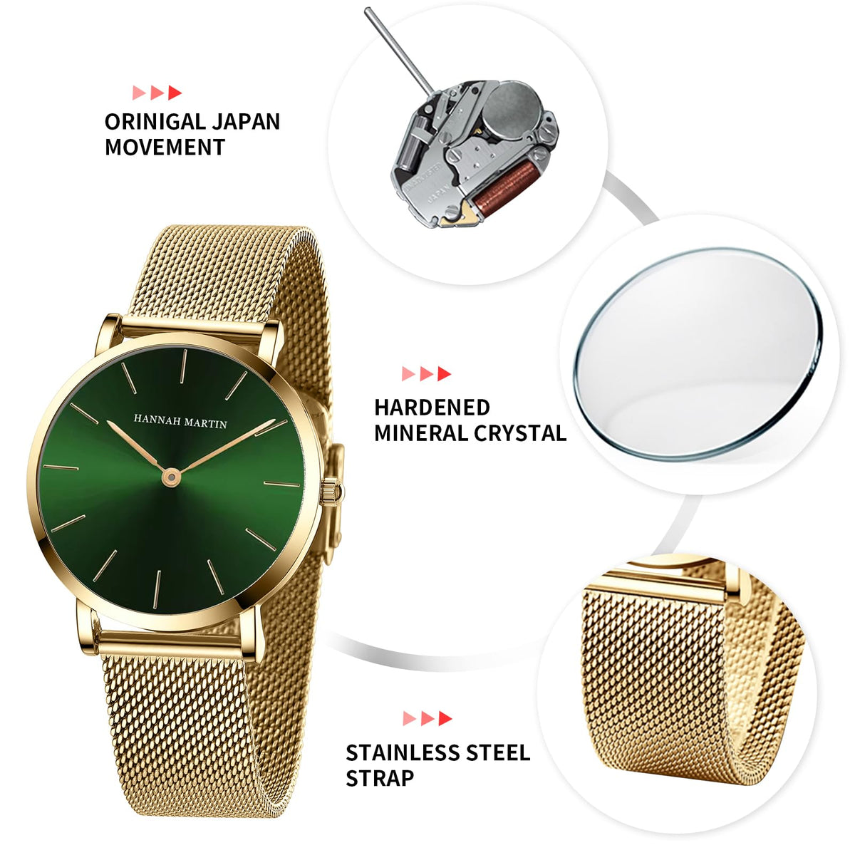 HANNAH MARTIN Watches for Women Analog Women's Watch with Stainless Steel Expansion Band Minimalist Slim Dial 30M Waterproof Ladies Dress Wristwatch for Casual Daily Business