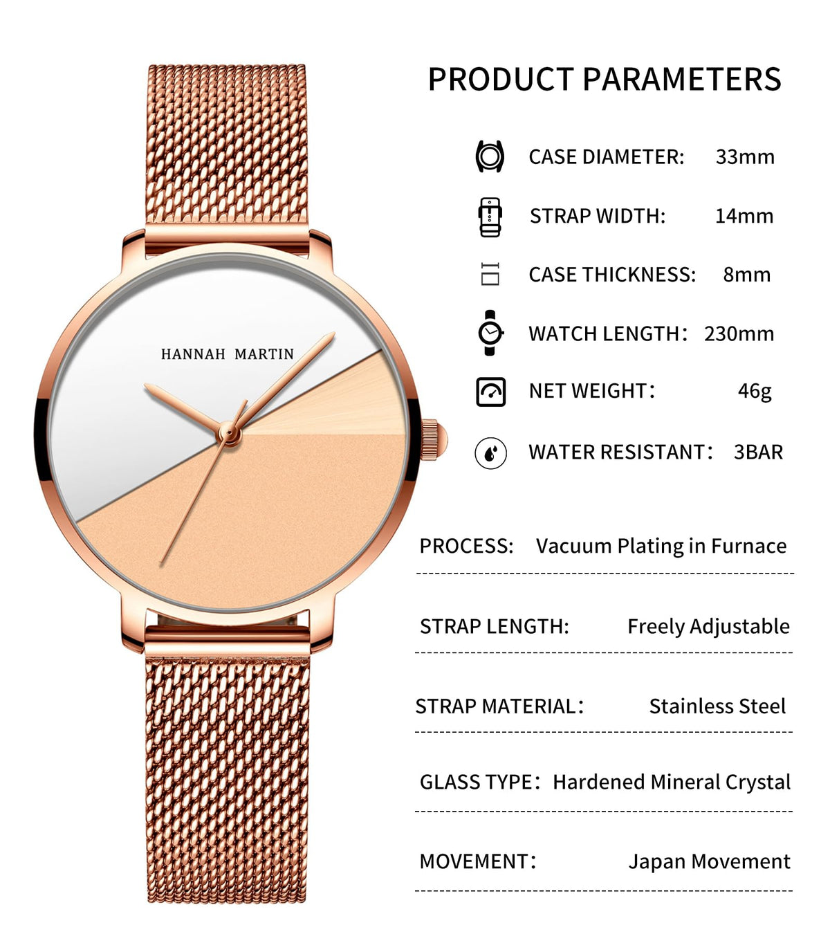 HANNAH MARTIN Watches for Women Analog Women's Watch with Stainless Steel Expansion Band Minimalist Slim Dial 30M Waterproof Ladies Dress Wristwatch for Casual Daily Business