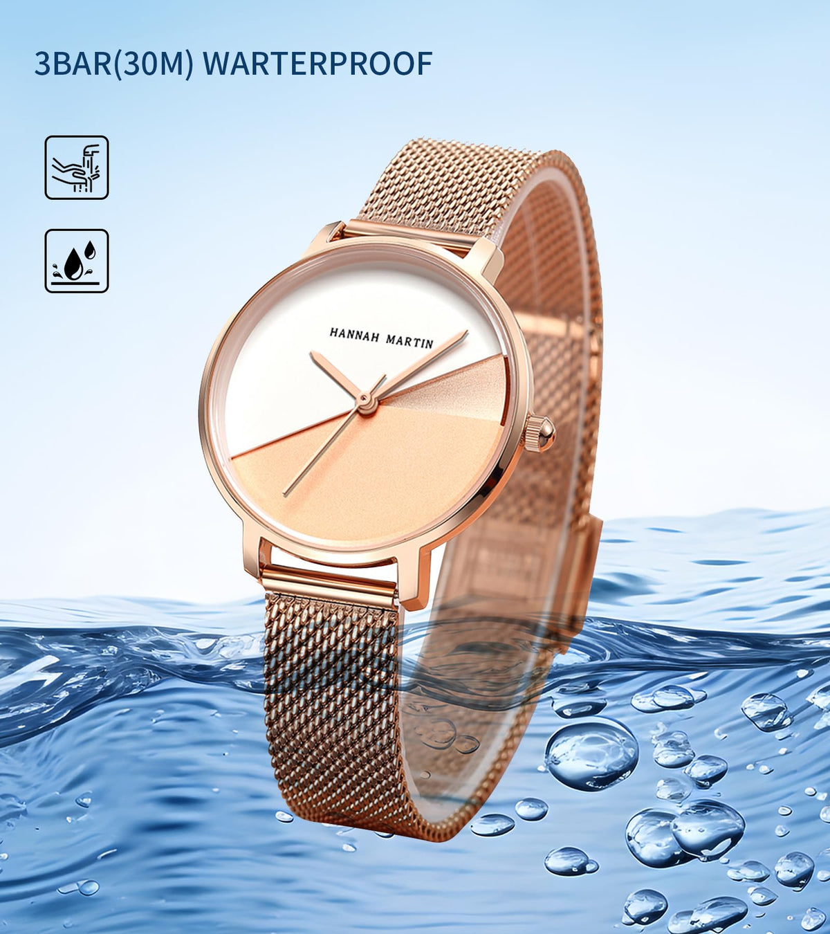 HANNAH MARTIN Watches for Women Analog Women's Watch with Stainless Steel Expansion Band Minimalist Slim Dial 30M Waterproof Ladies Dress Wristwatch for Casual Daily Business