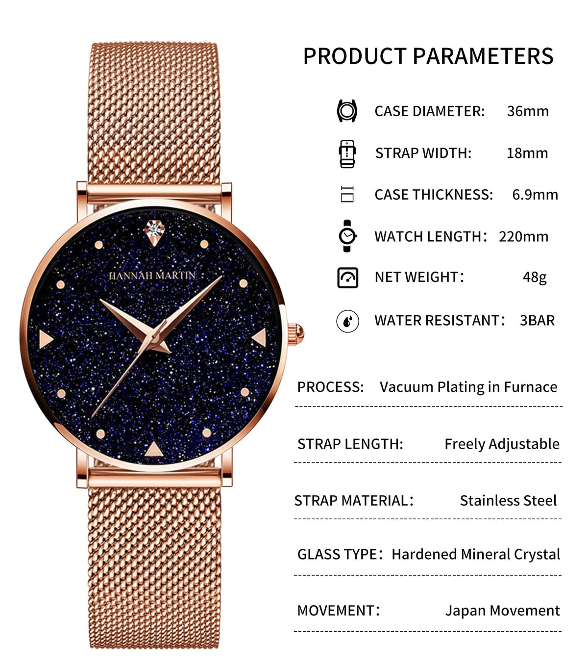 HANNAH MARTIN Watches for Women Analog Women's Watch with Stainless Steel Expansion Band Minimalist Slim Dial 30M Waterproof Ladies Dress Wristwatch for Casual Daily Business