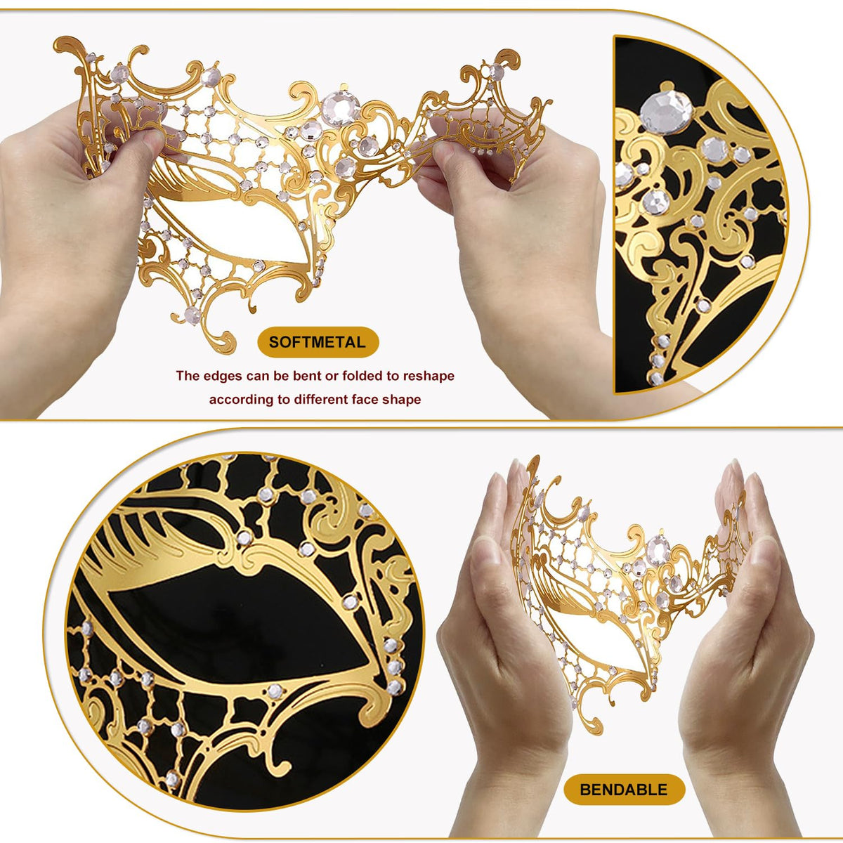 Rhinestone Metal Masquerade Mask for Women - Venetian Party Mask - Elegant Prom Ball Costume Accessory