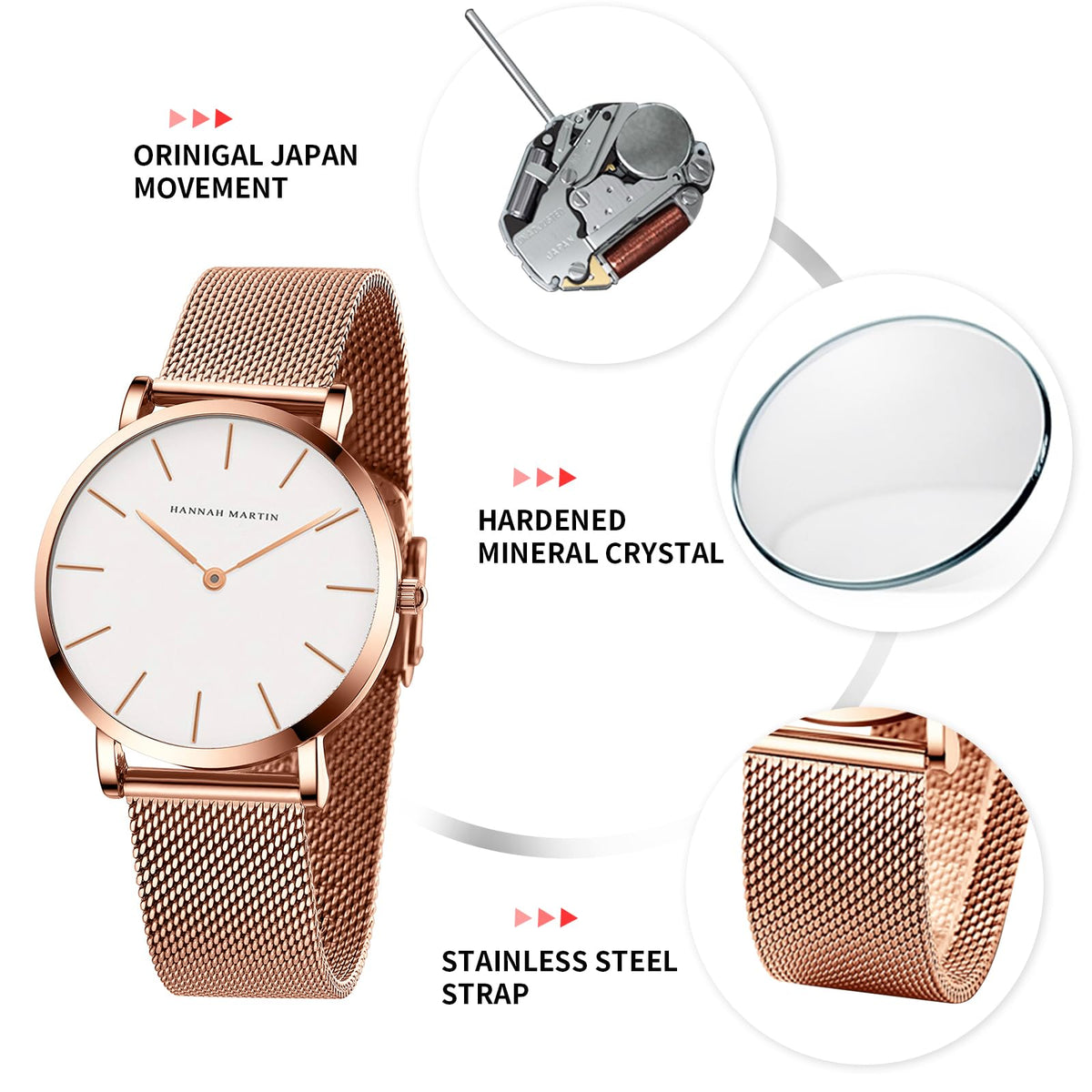 HANNAH MARTIN Watches for Women Analog Women's Watch with Stainless Steel Expansion Band Minimalist Slim Dial 30M Waterproof Ladies Dress Wristwatch for Casual Daily Business