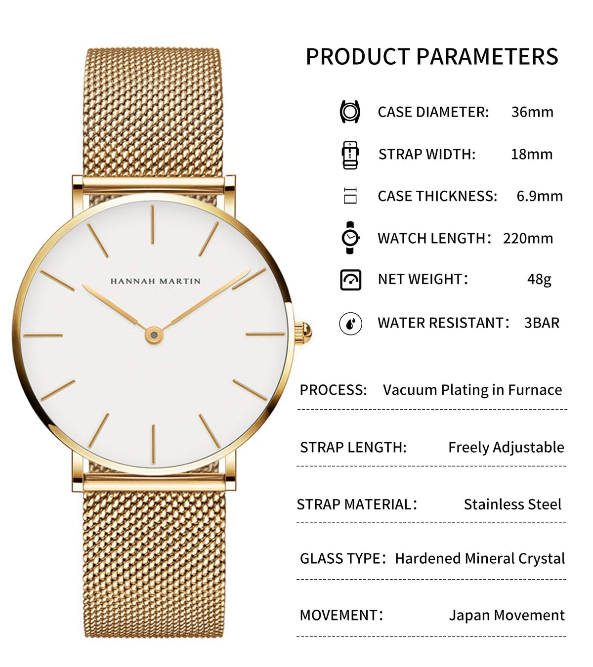 HANNAH MARTIN Watches for Women Analog Women's Watch with Stainless Steel Expansion Band Minimalist Slim Dial 30M Waterproof Ladies Dress Wristwatch for Casual Daily Business