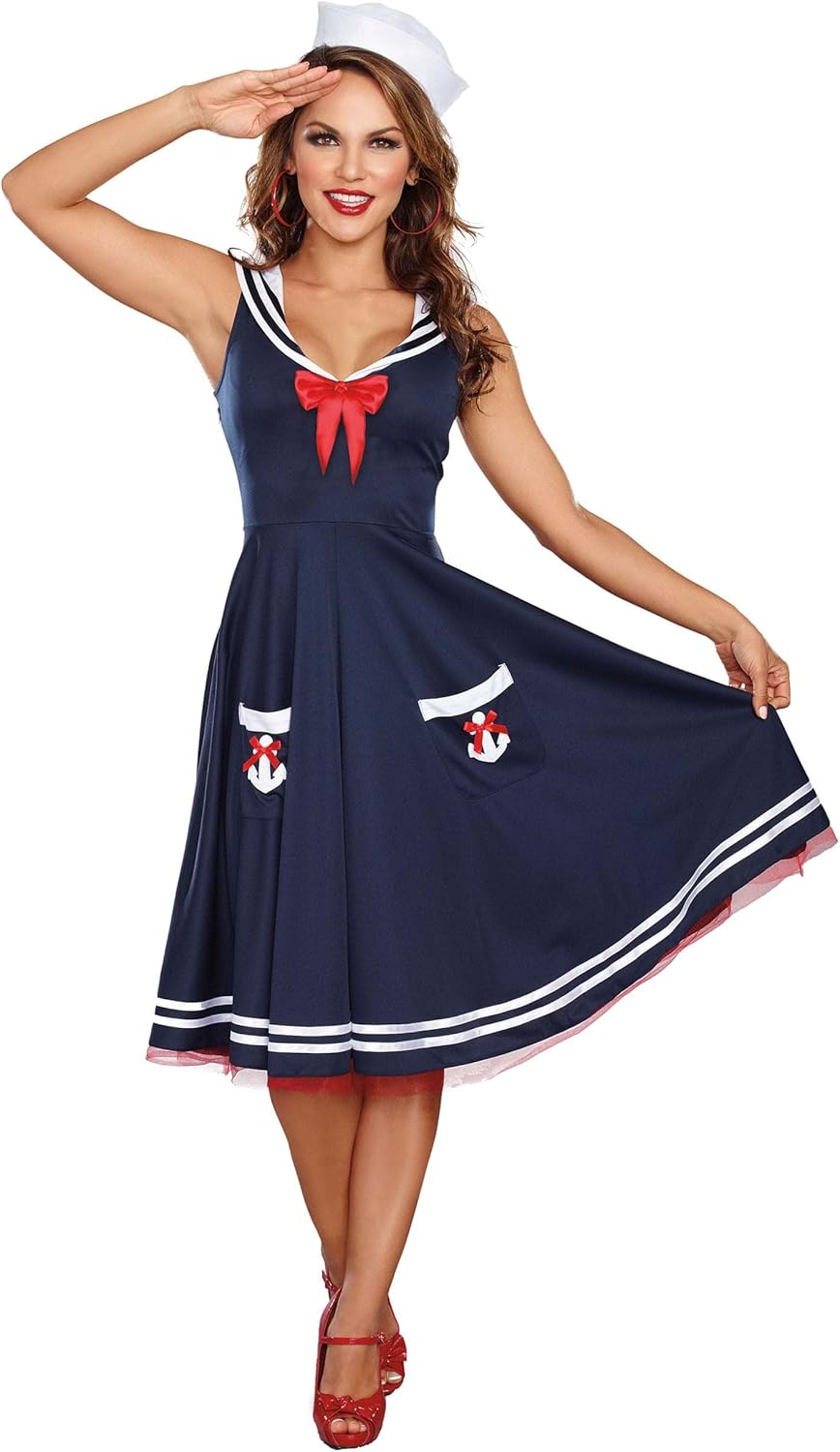 All Aboard Sailor Costume - Women's Vintage Nautical Dress with Hat