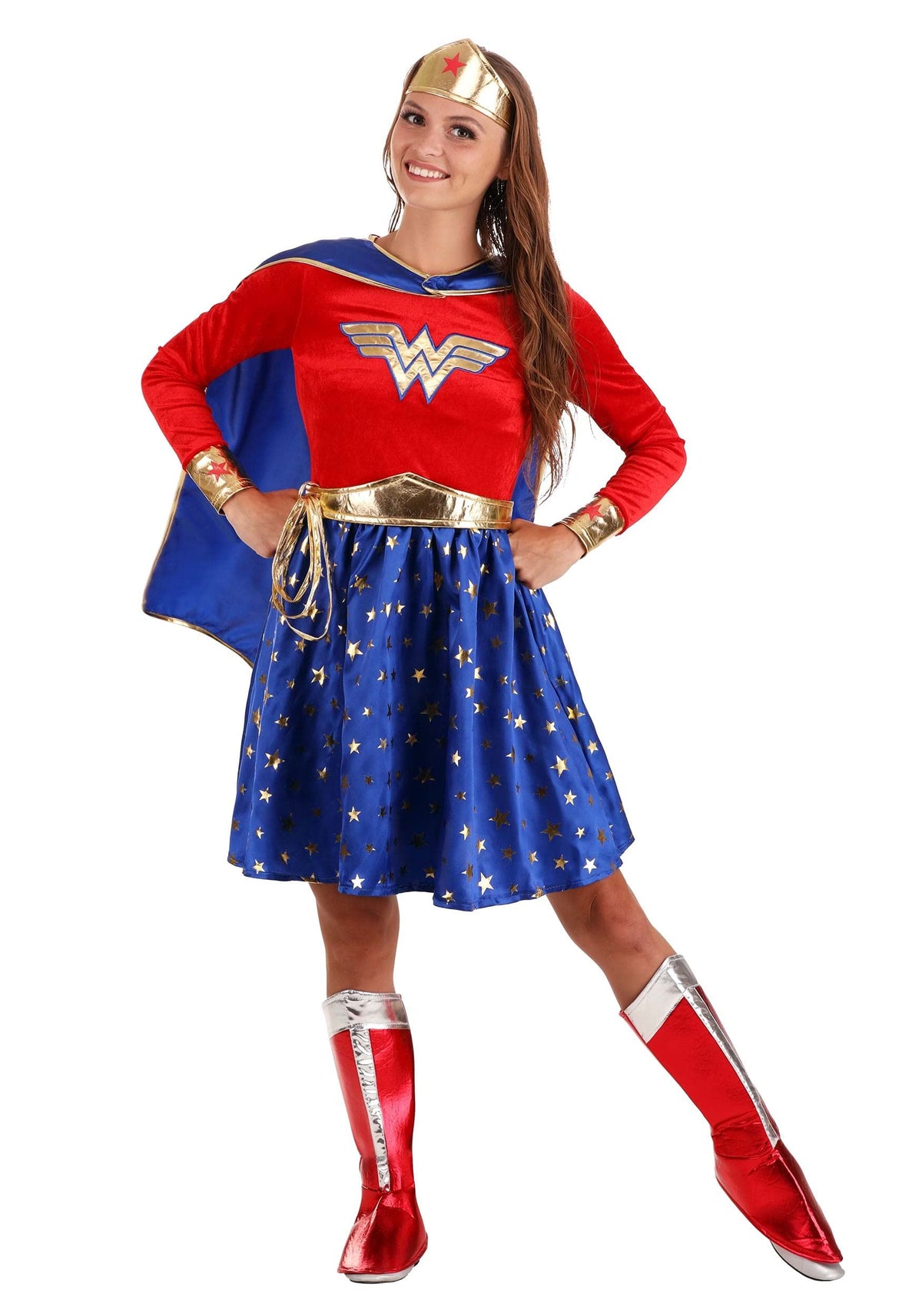 Wonder Woman Costume - Women's Long Sleeve Dress with Cape and Accessories