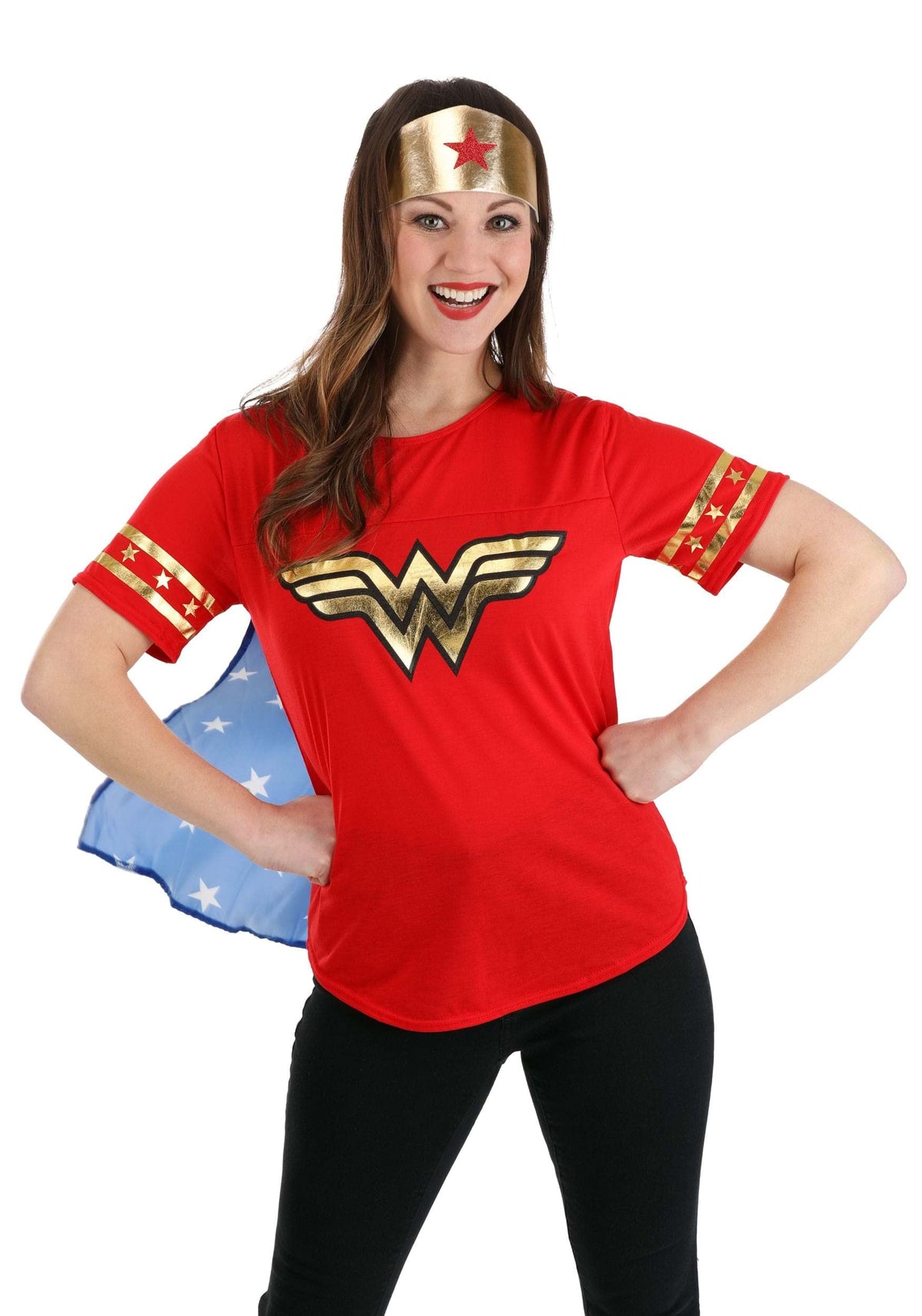 Women's Wonder Woman Costume - Superhero T-Shirt with Cape and Crown