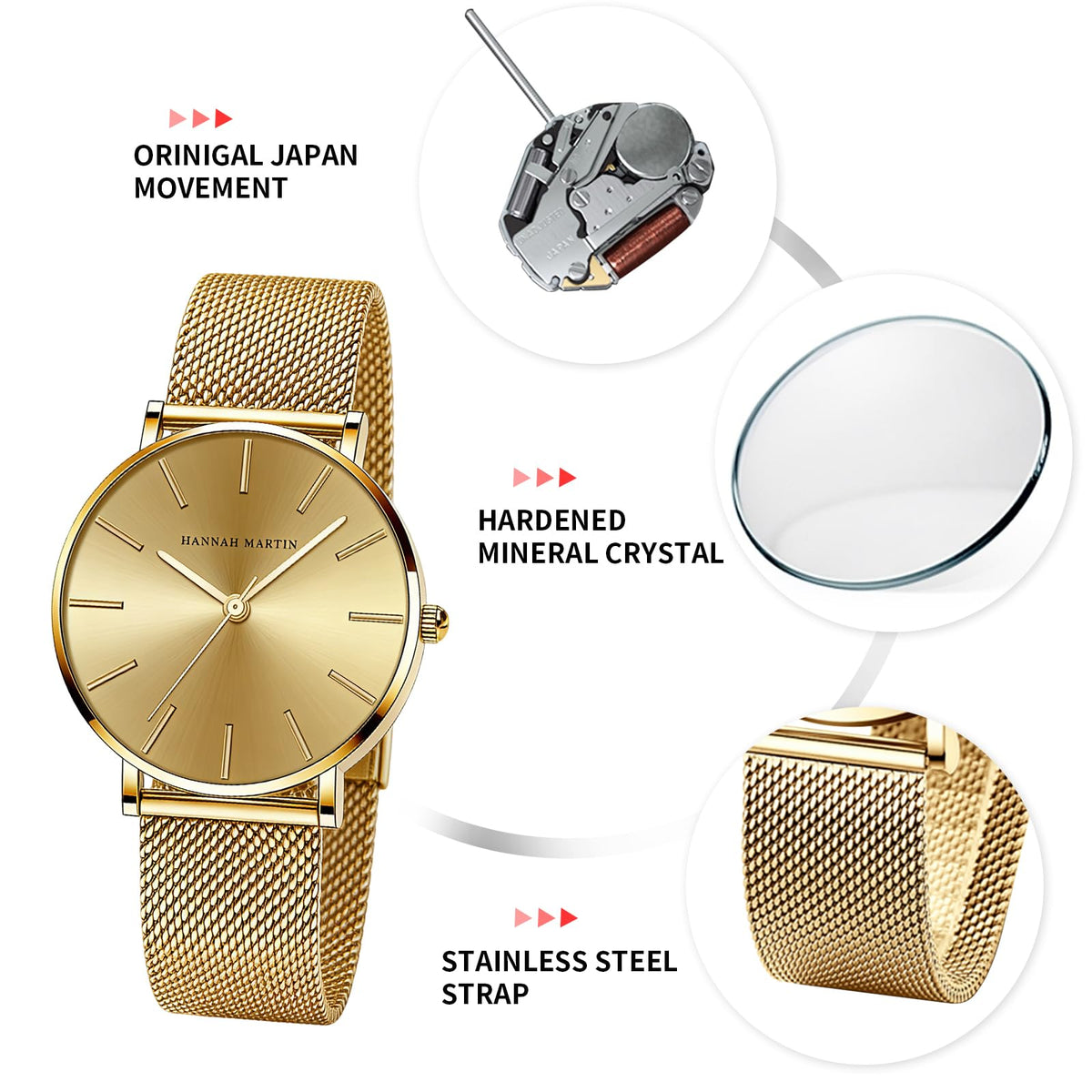 HANNAH MARTIN Watches for Women Analog Women's Watch with Stainless Steel Expansion Band Minimalist Slim Dial 30M Waterproof Ladies Dress Wristwatch for Casual Daily Business