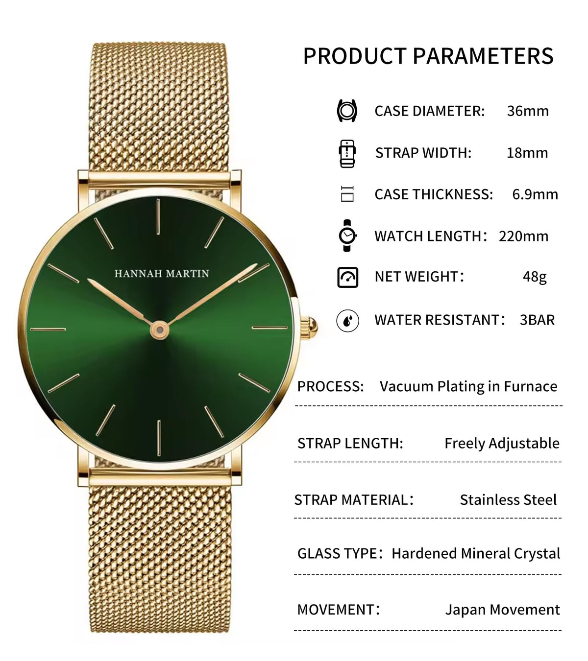 HANNAH MARTIN Watches for Women Analog Women's Watch with Stainless Steel Expansion Band Minimalist Slim Dial 30M Waterproof Ladies Dress Wristwatch for Casual Daily Business