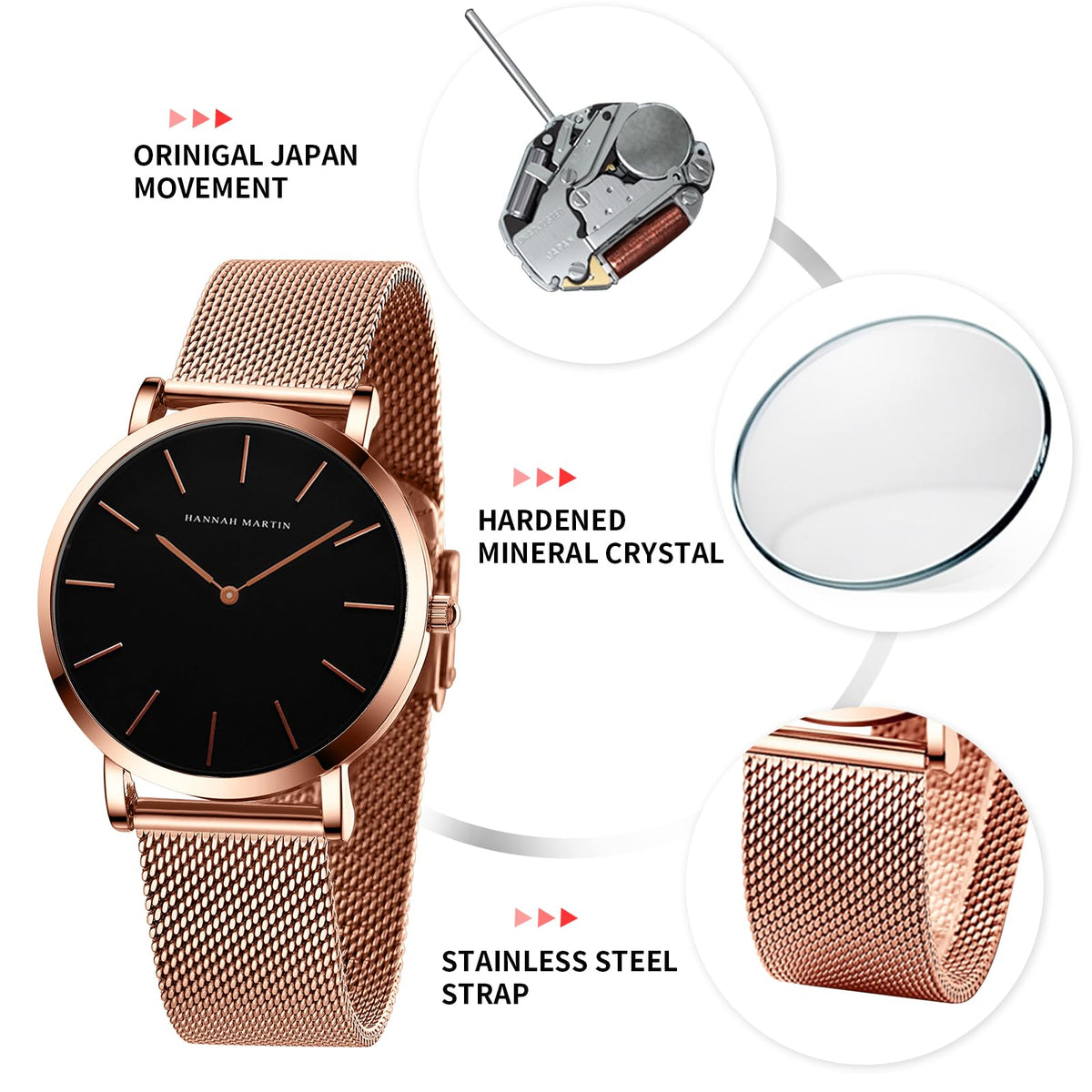 HANNAH MARTIN Watches for Women Analog Women's Watch with Stainless Steel Expansion Band Minimalist Slim Dial 30M Waterproof Ladies Dress Wristwatch for Casual Daily Business