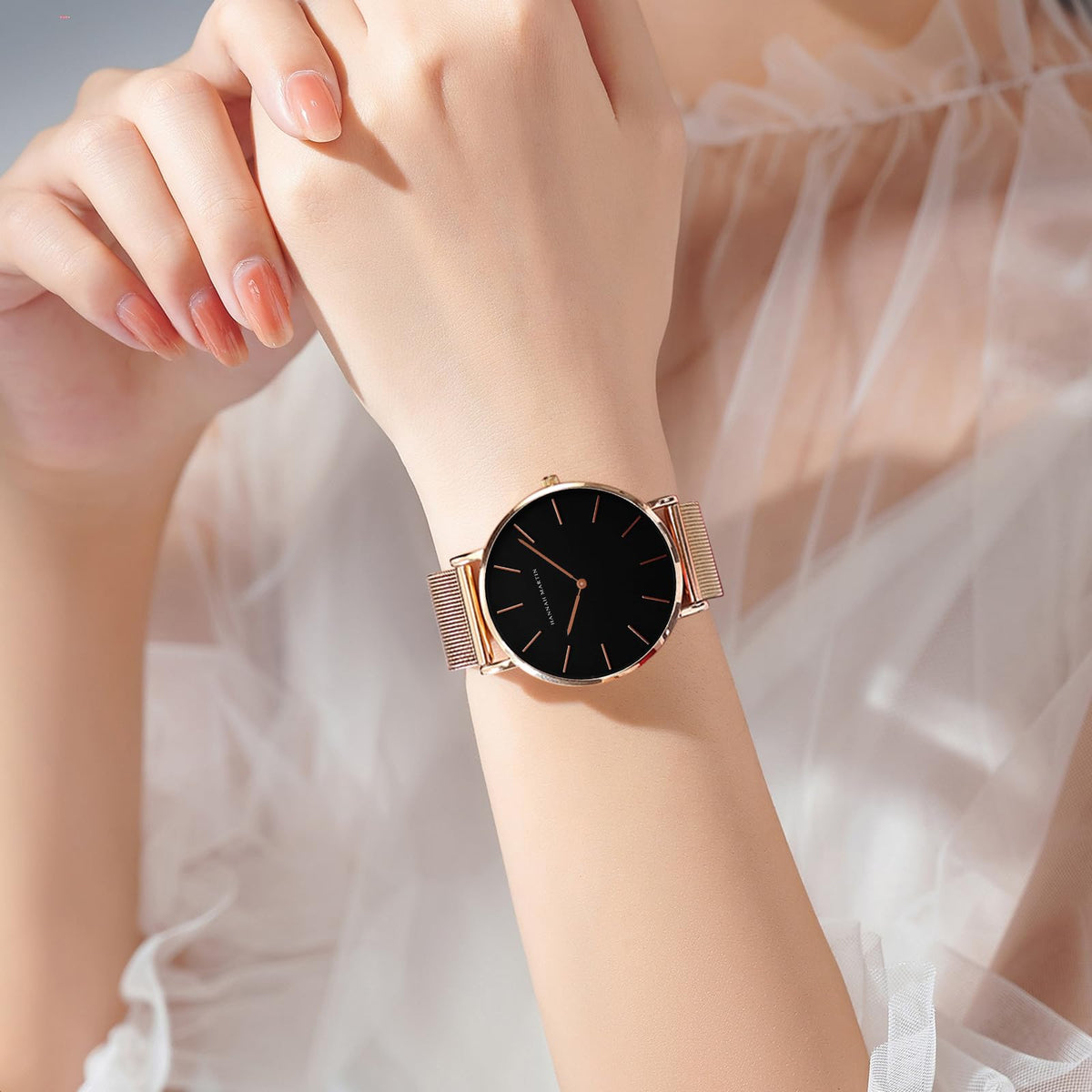 HANNAH MARTIN Watches for Women Analog Women's Watch with Stainless Steel Expansion Band Minimalist Slim Dial 30M Waterproof Ladies Dress Wristwatch for Casual Daily Business
