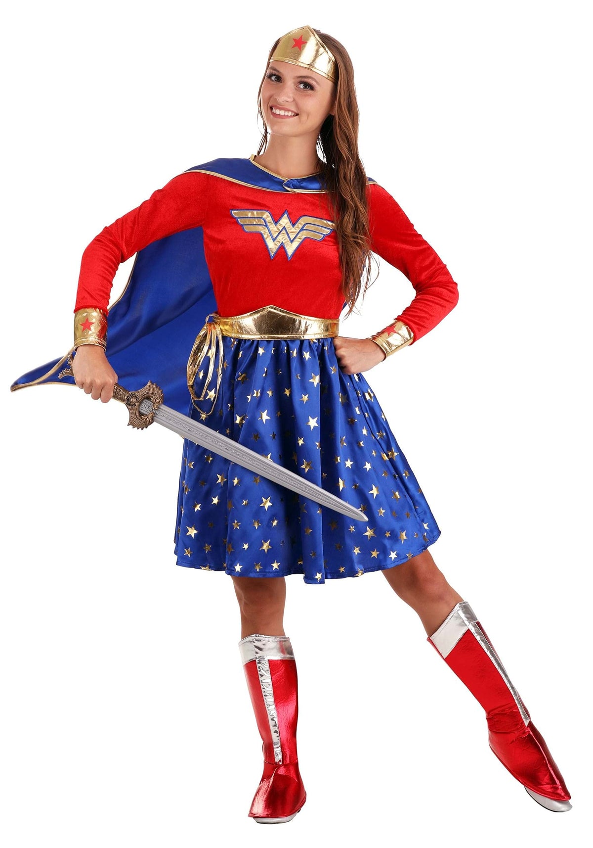 Wonder Woman Costume - Women's Long Sleeve Dress with Cape and Accessories
