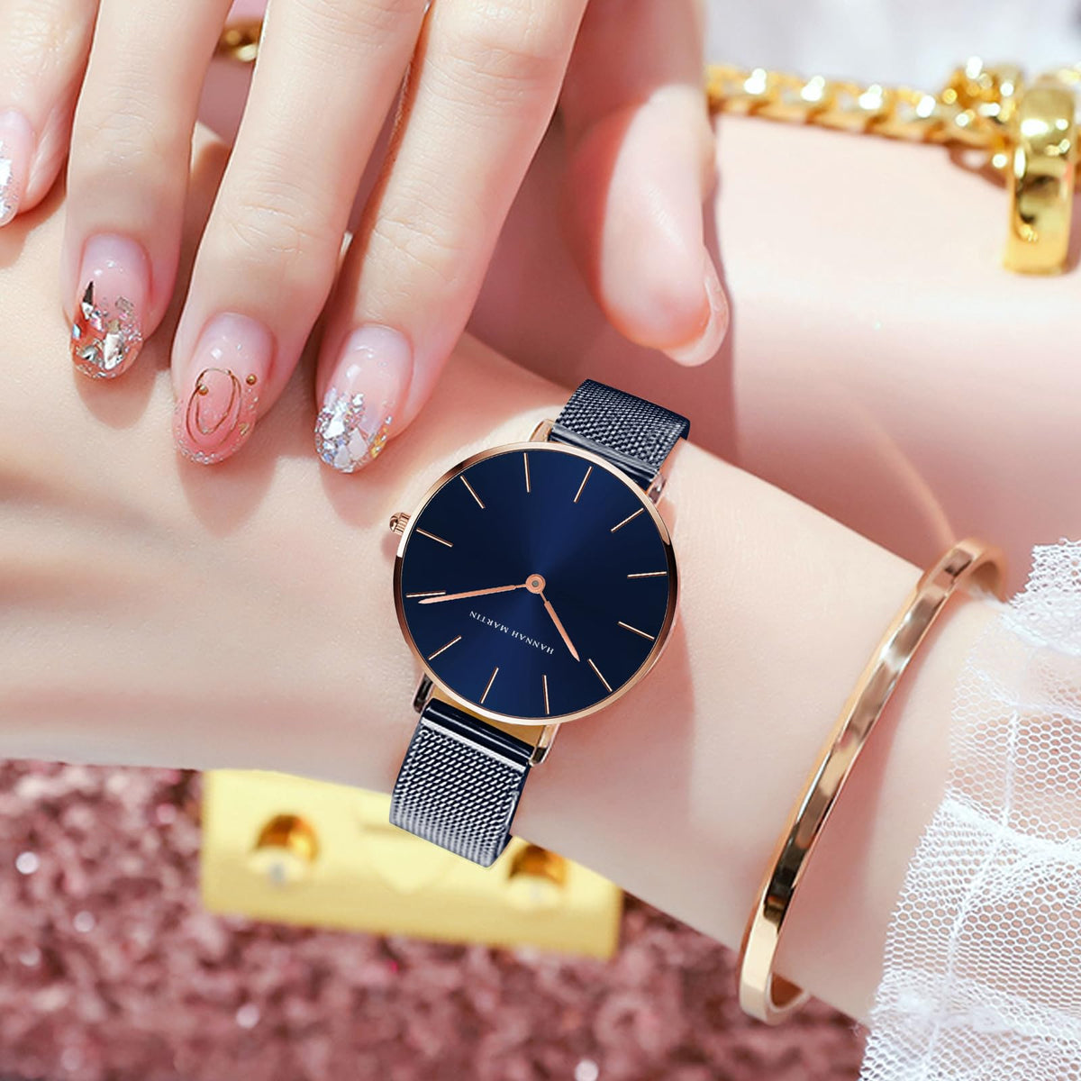 HANNAH MARTIN Watches for Women Analog Women's Watch with Stainless Steel Expansion Band Minimalist Slim Dial 30M Waterproof Ladies Dress Wristwatch for Casual Daily Business