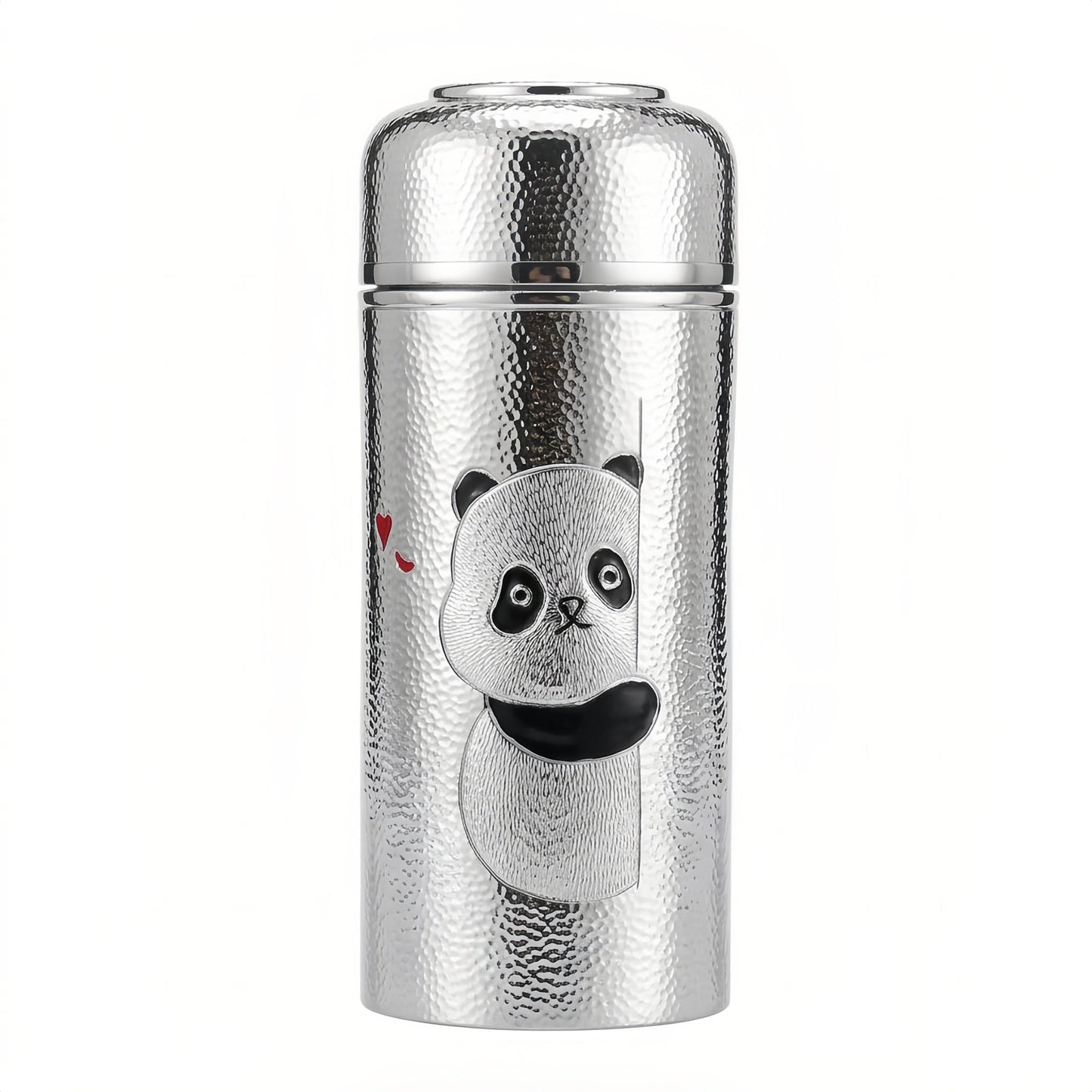 925 Sterling Silver Artistic Hammered Silver Vacuum Flask Featuring a Cute Peeking Panda Design - Handicraft