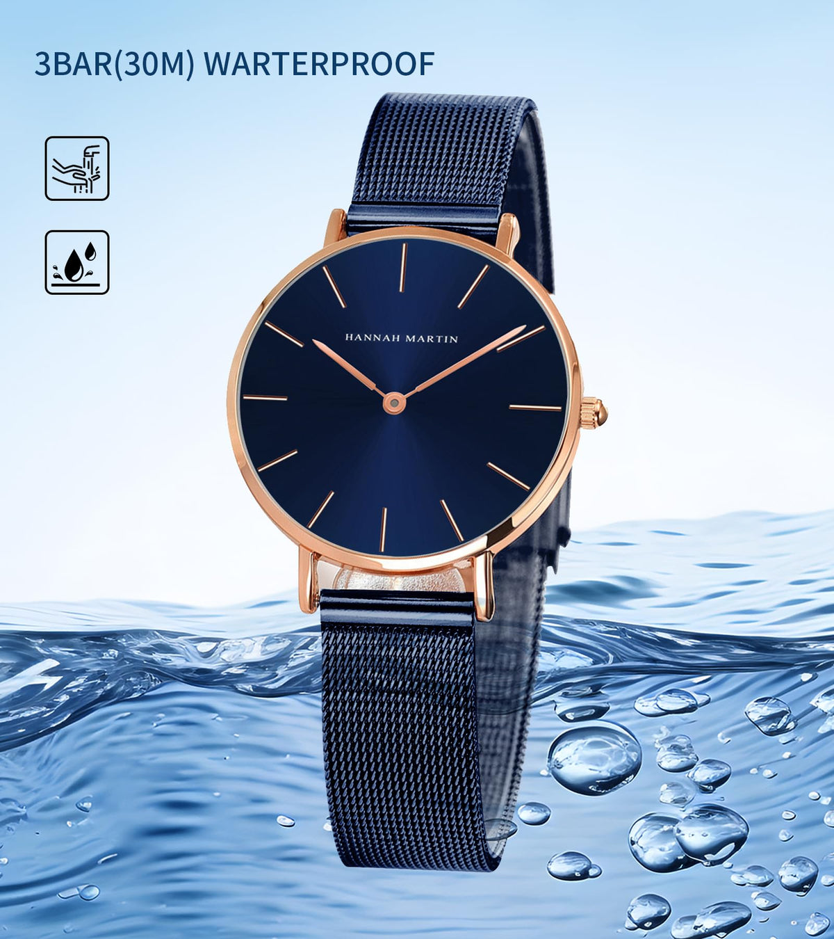 HANNAH MARTIN Watches for Women Analog Women's Watch with Stainless Steel Expansion Band Minimalist Slim Dial 30M Waterproof Ladies Dress Wristwatch for Casual Daily Business