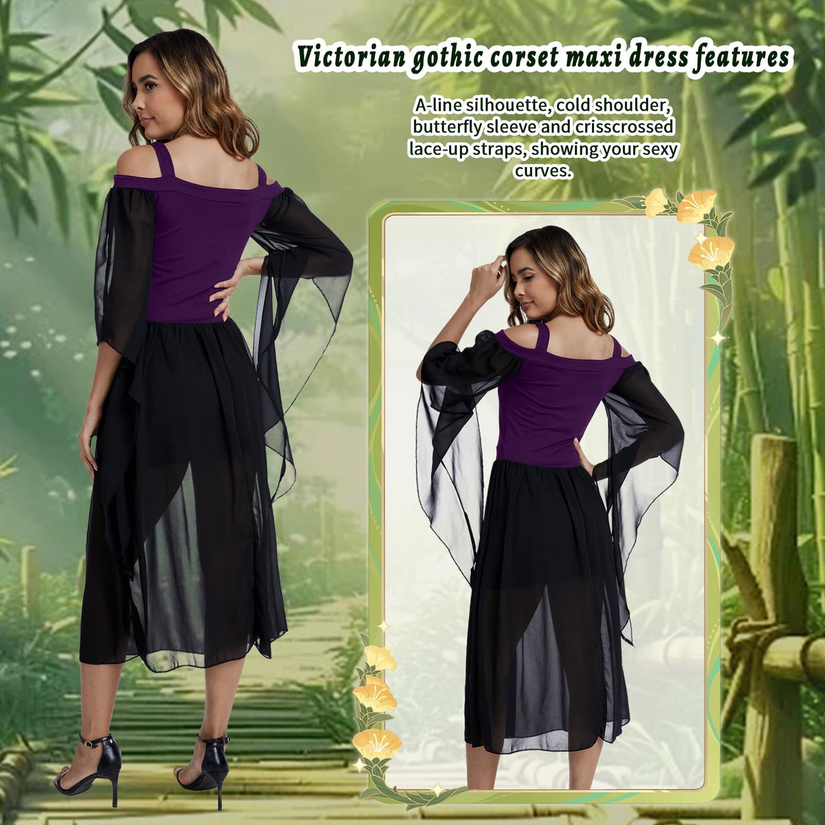 Medieval Costume Dress for Women - Renaissance Gothic Gown with Trumpet Sleeves