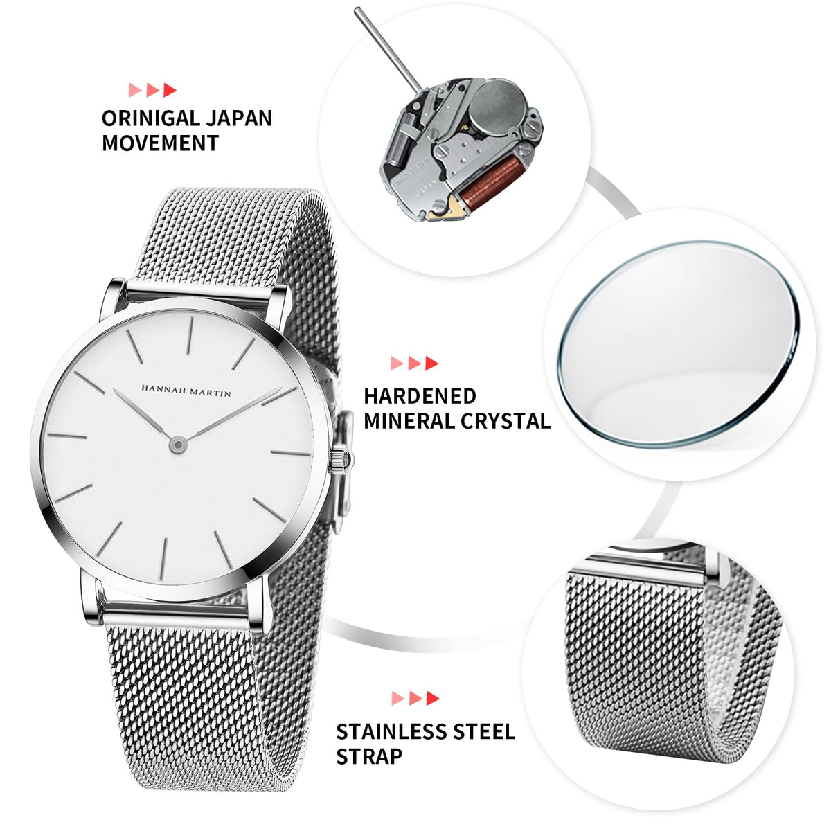 HANNAH MARTIN Watches for Women Analog Women's Watch with Stainless Steel Expansion Band Minimalist Slim Dial 30M Waterproof Ladies Dress Wristwatch for Casual Daily Business