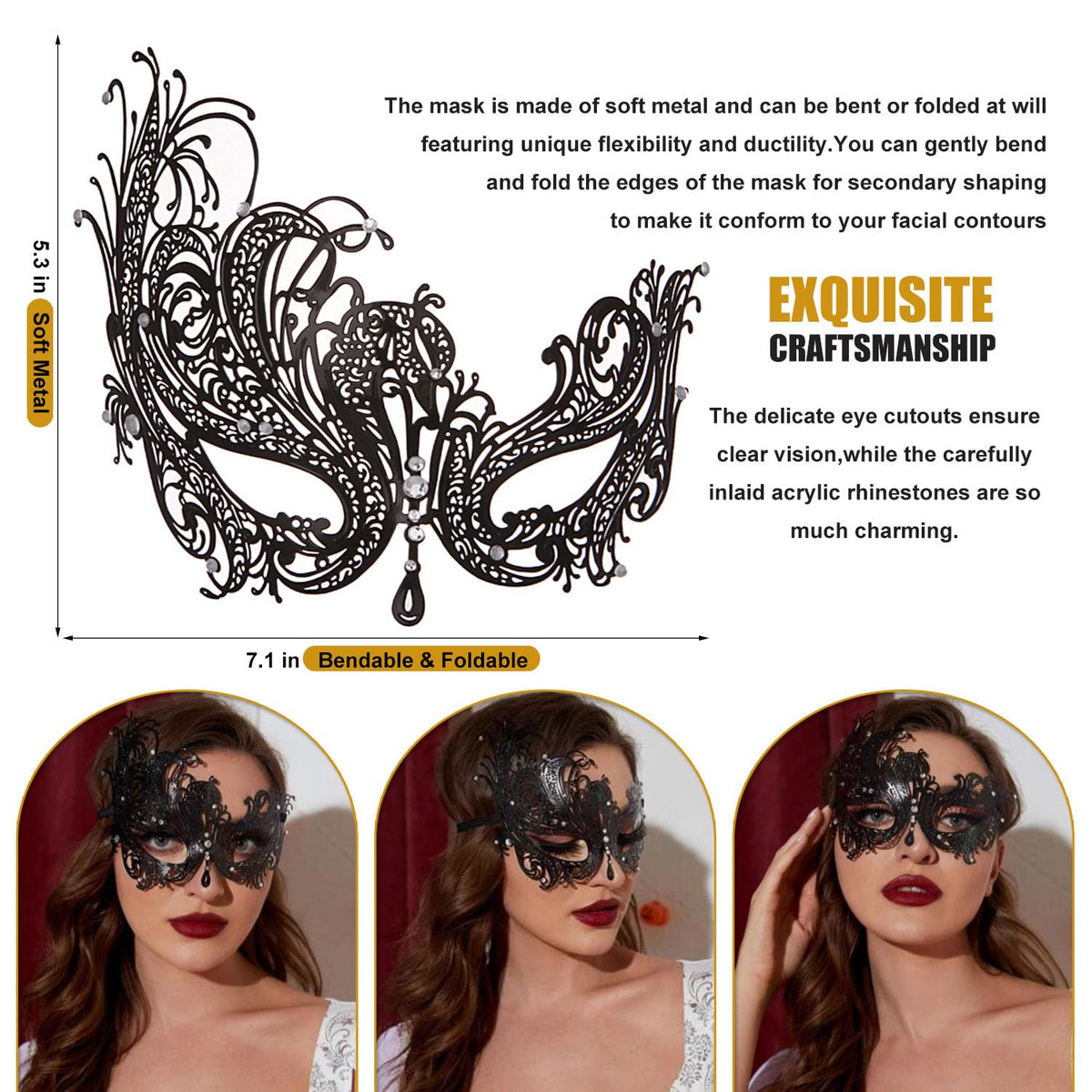 Rhinestone Metal Masquerade Mask for Women - Venetian Party Mask - Elegant Prom Ball Costume Accessory