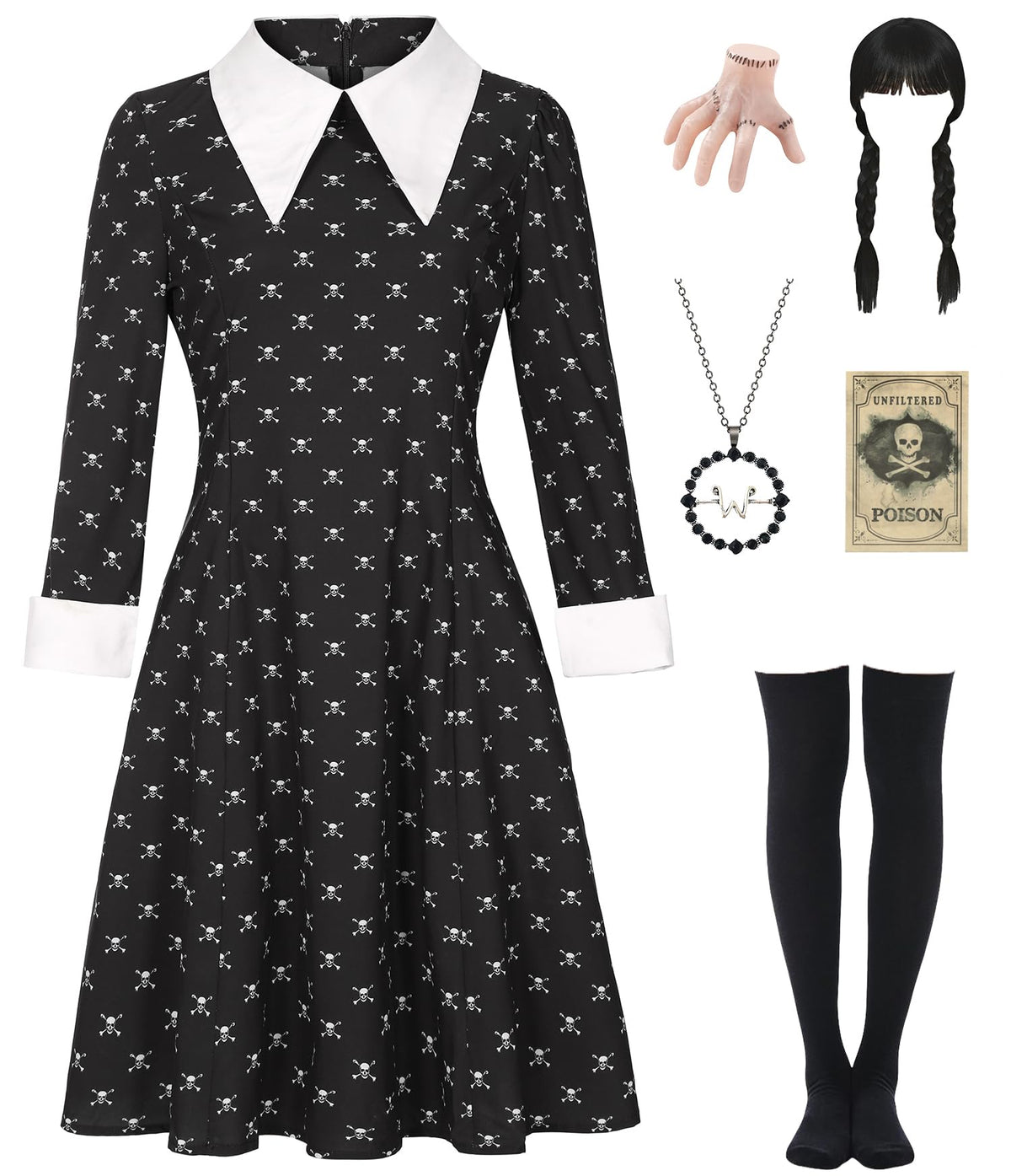 Black Dress Halloween Costume - Women's Complete Outfit with Wig and Accessories