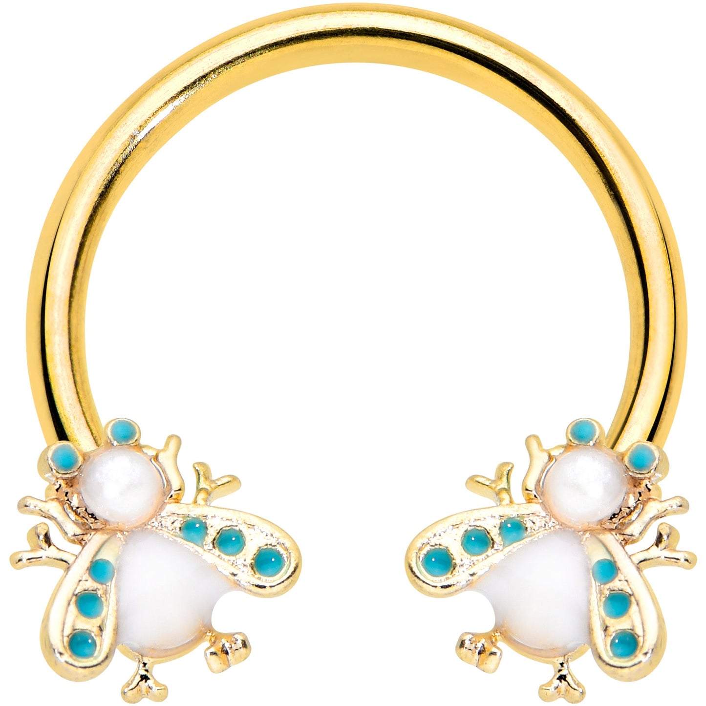 16G 3/8 White Gem Gold Tone Snow Bug Horseshoe Curved Barbell