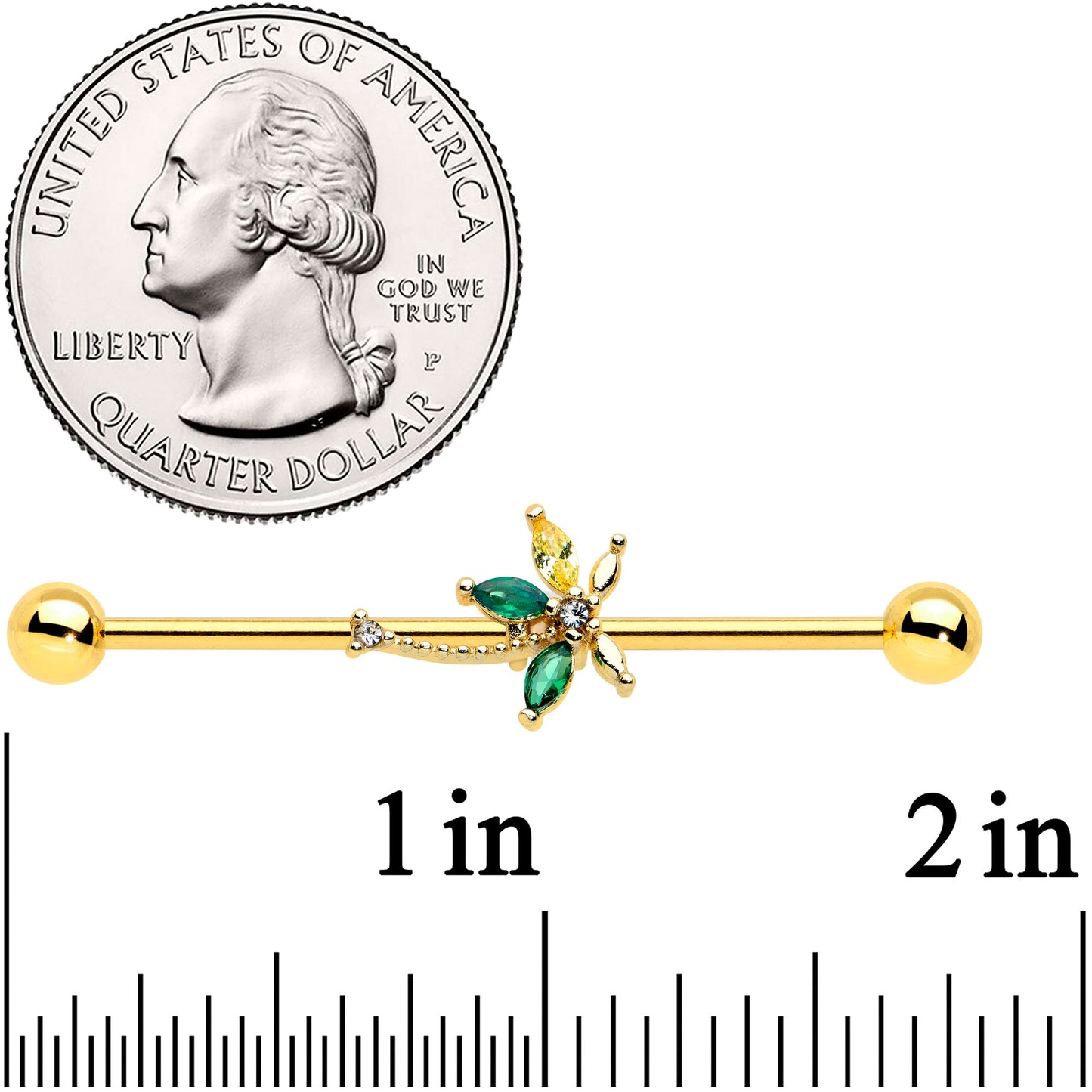 14G Clear Green Gem Gold Tone Palm Tree Industrial Barbell 38mm