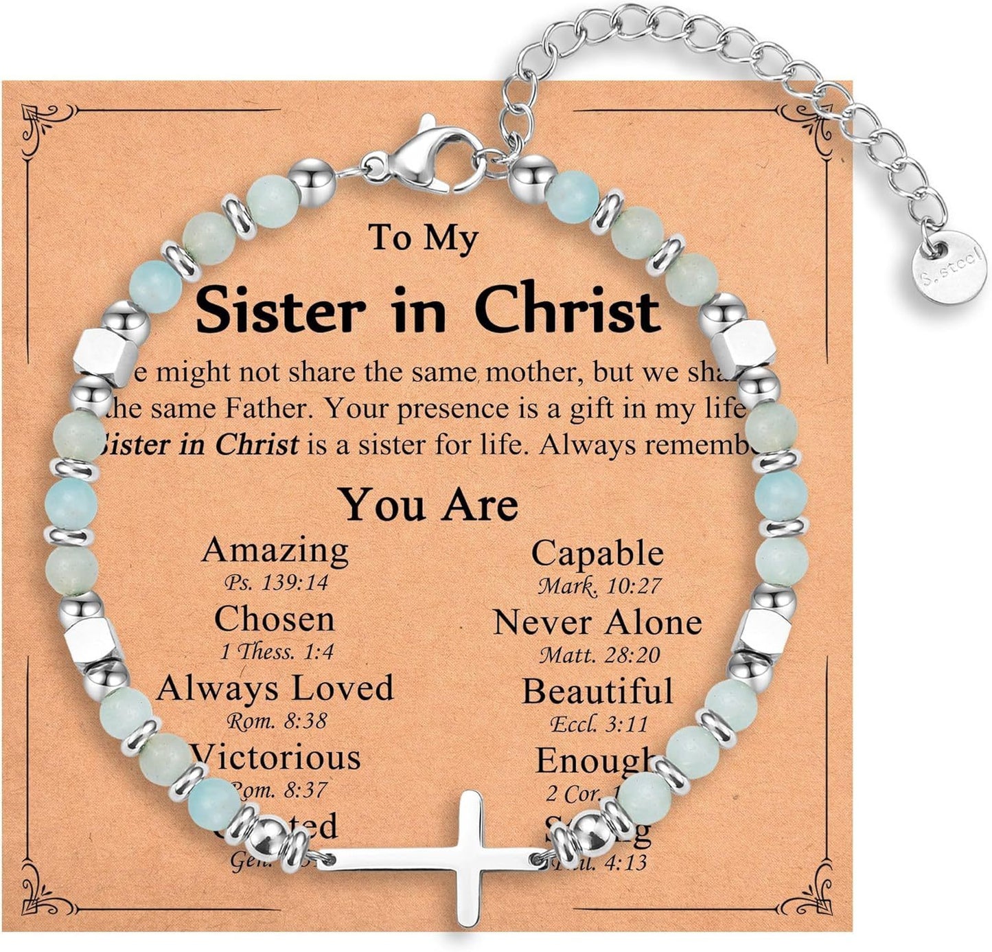 Natural Stainless Steel Cross Beaded Bracelet Card