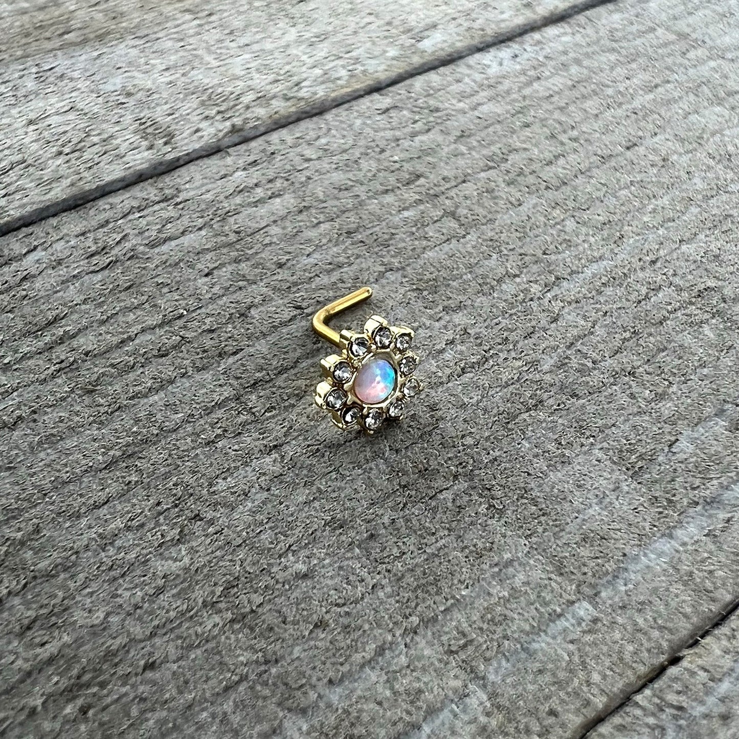 20G 7mm White Faux Opal Gold Tone Heart Sun L Shape Nose Ring