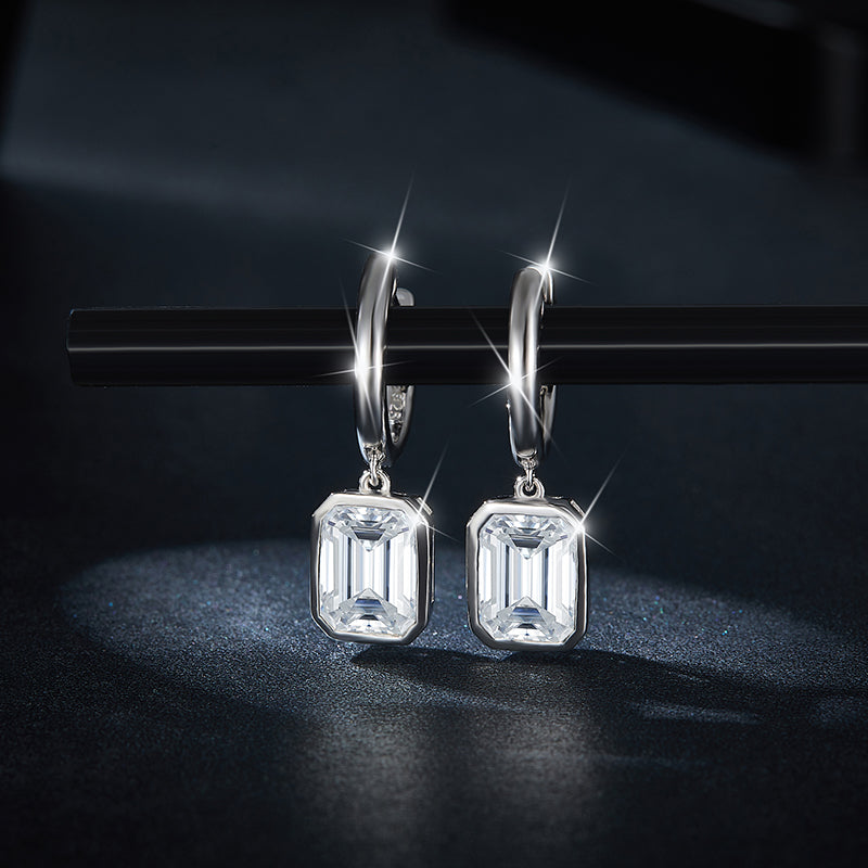 S925 Sterling Silver Emerald Cut Moissanite Dangle Earrings  6x8mm Huggie Hoop Drop Earrings Platinum Plated Jewelry Gift Box Set