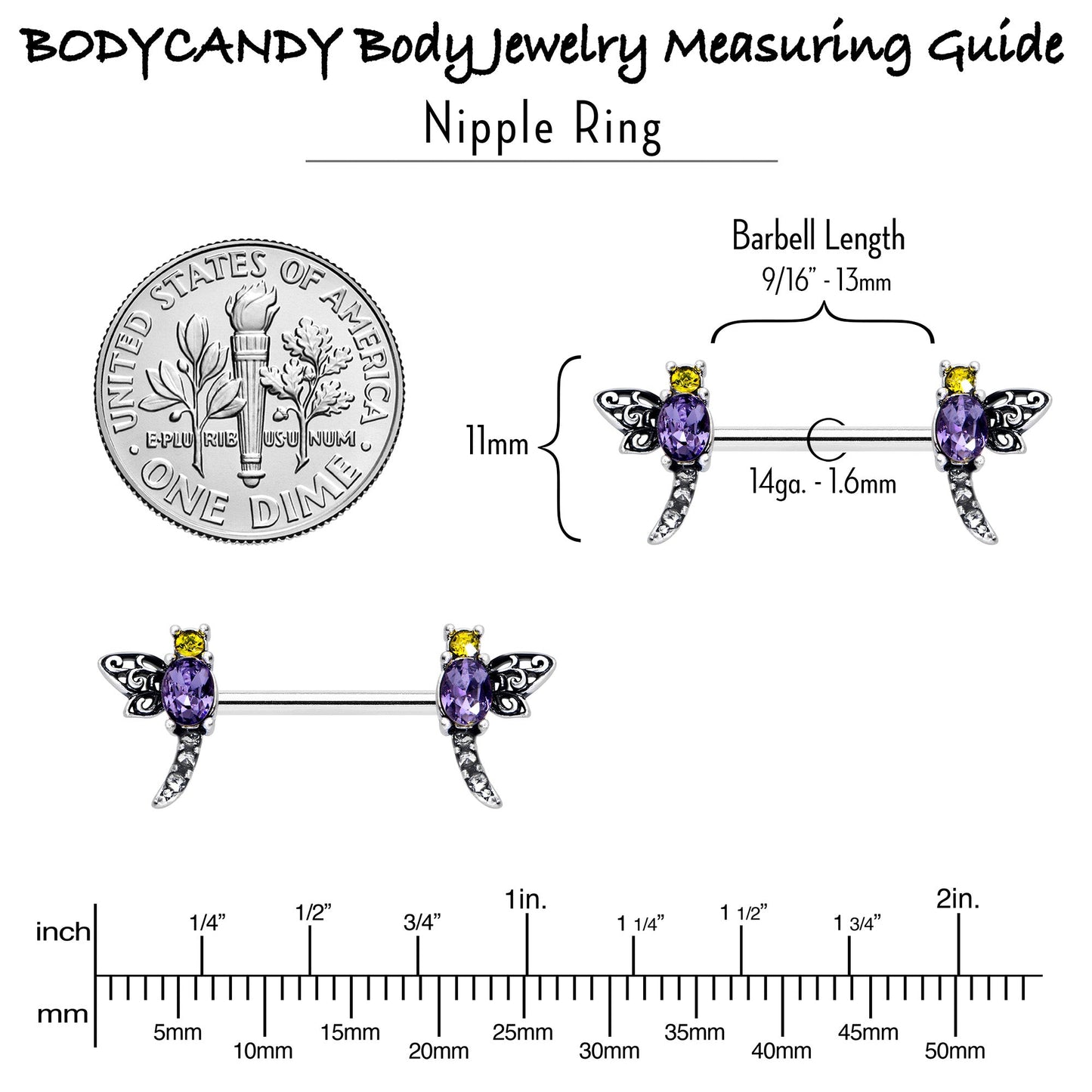 14G 9/16 Purple Yellow Gem Dragonfly Barbell Nipple Ring Set